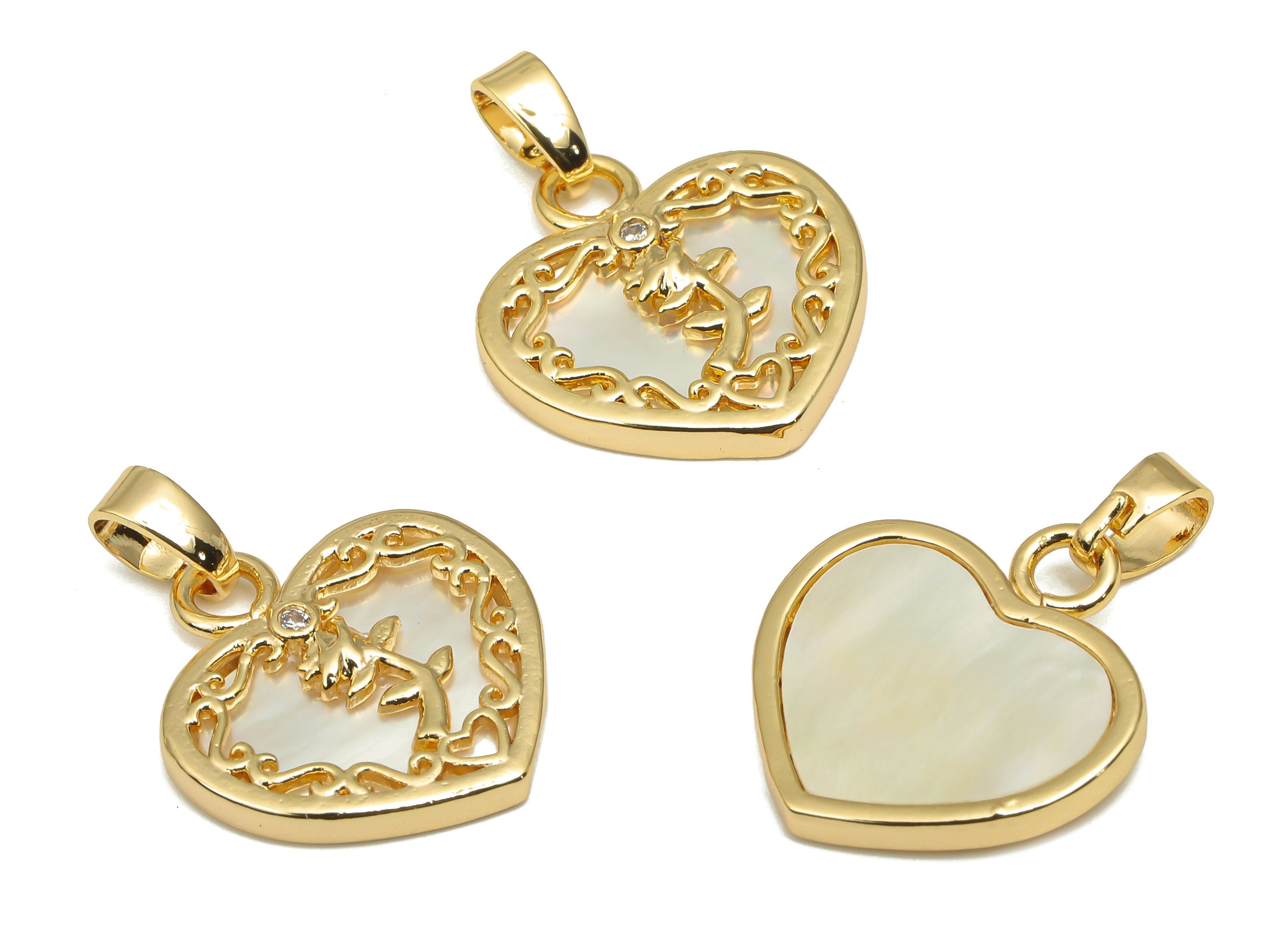 Brass Heart Charm - Brass Shell Flower Pendant - 18K Real Gold Plated Brass Charm - For Necklace - 21.35x15.59x1.96mm - RGP4585 - DOMEDBAZAAR