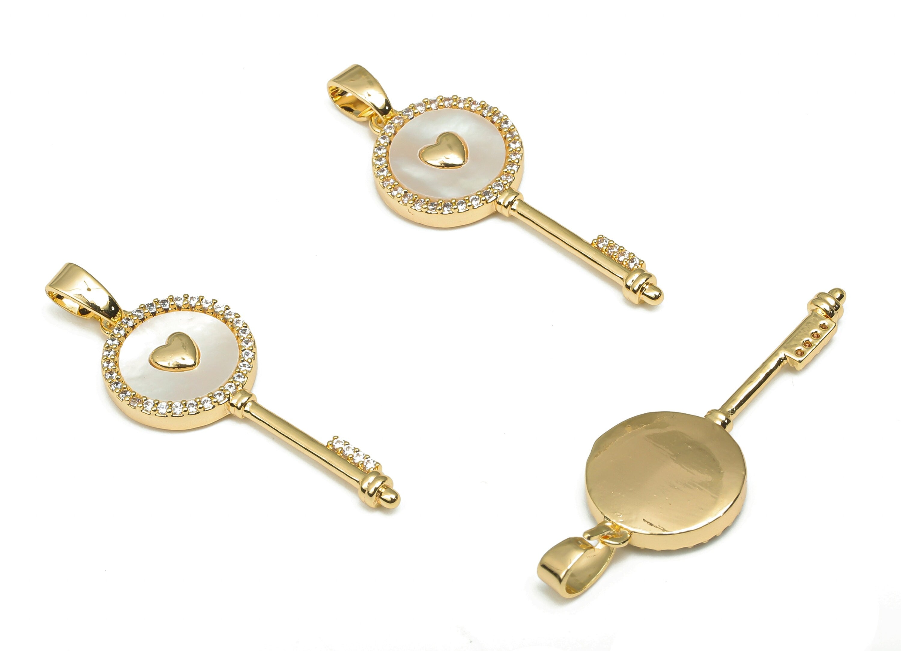 Brass MOP Key Charm - Zircon Paved Heart Pendant - 18K Real Gold Plated Brass Charm - For Necklace - 33.21x11.41x2.4mm - RGP4587 - DOMEDBAZAAR
