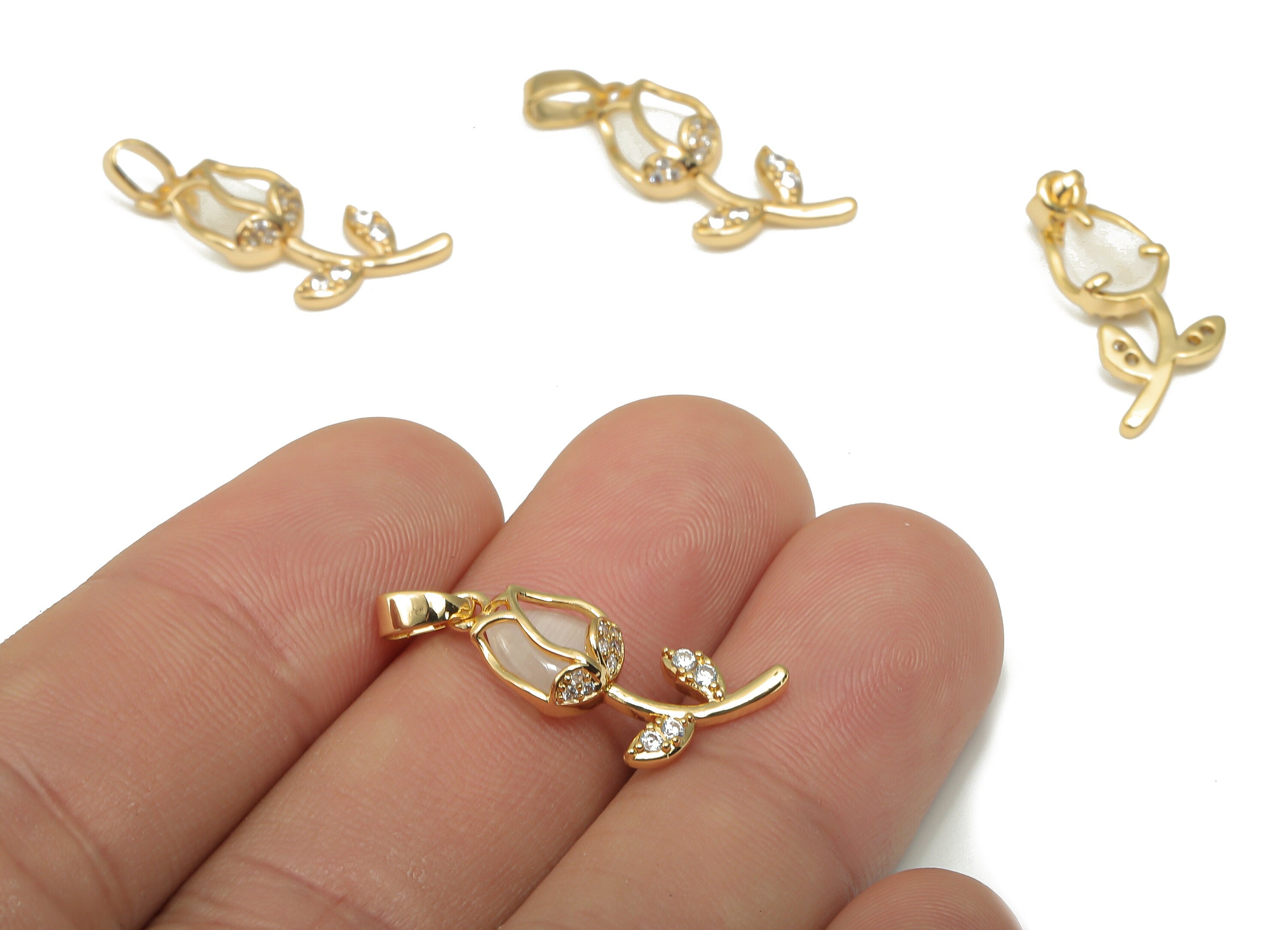 Brass Flower Charms - Brass CZ Paved Shell Rose Pendant - 18K Real Gold Plated Brass - Jewelry Supplies - 25.92x8.81x3.51mm - RGP4588 - DOMEDBAZAAR