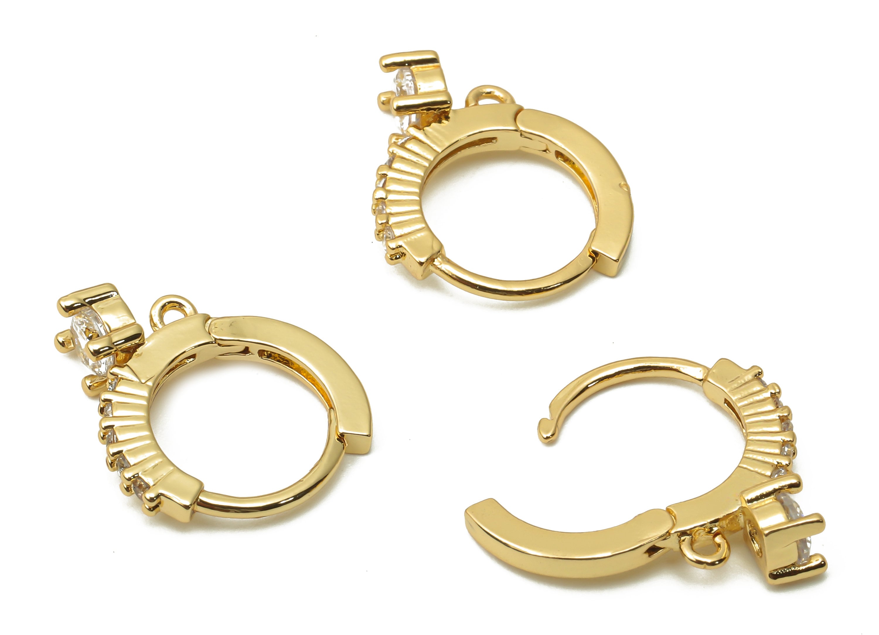 Brass Round Solitaire Ring Hoop Huggie Earrings With loop- Brass Earrings with Zircon - 18K Real Gold Plated - 14.88x13x1.58mm - RGP4973 - DOMEDBAZAAR