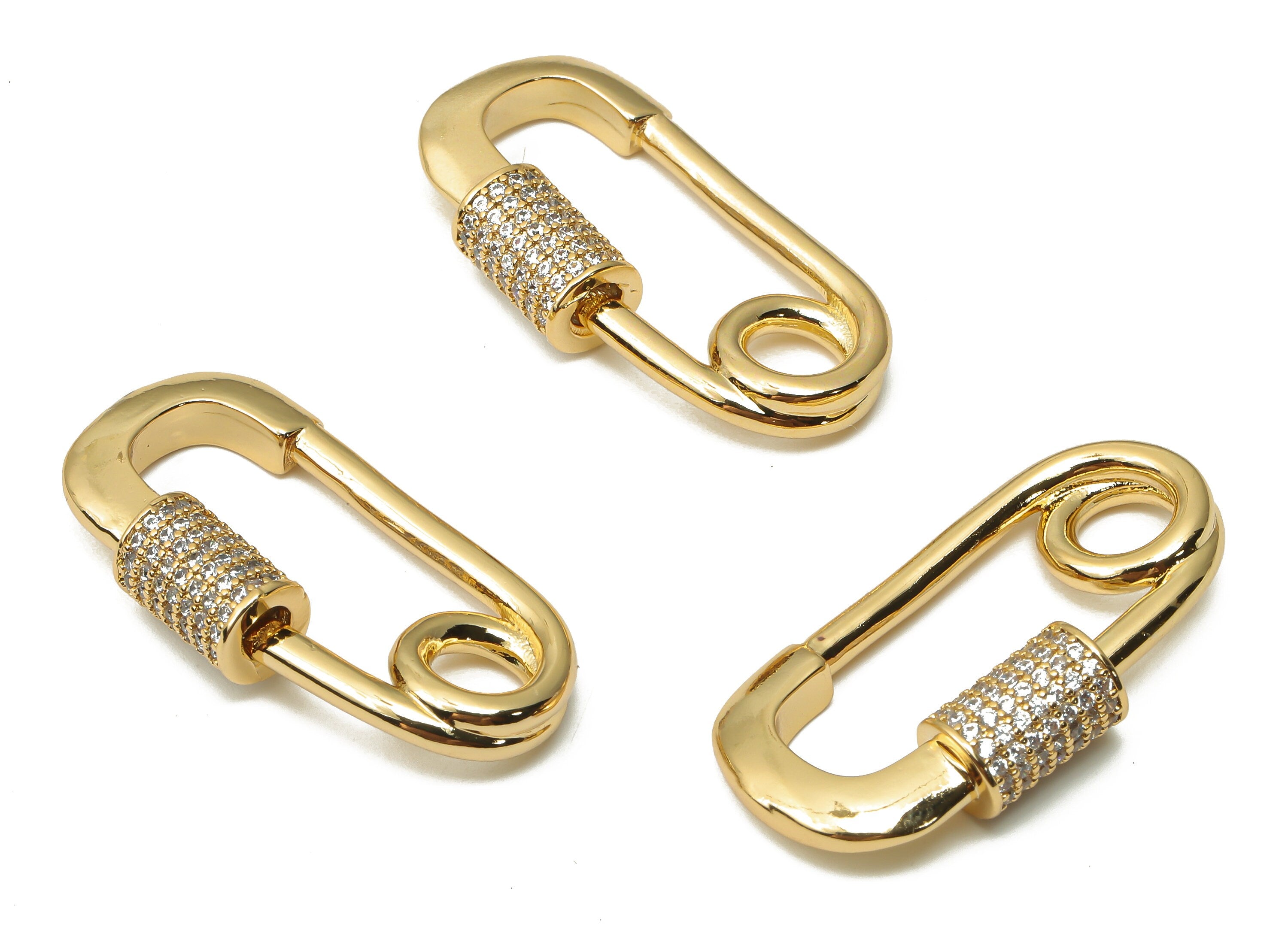 Brass Screw Clasp Safety Pin Earring - Brass Turnbuckle Lock Safety Pin Pendant - Carabiner - 18K Real Gold Plated-29.31x15.98x3.1mm-RGP4975 - DOMEDBAZAAR