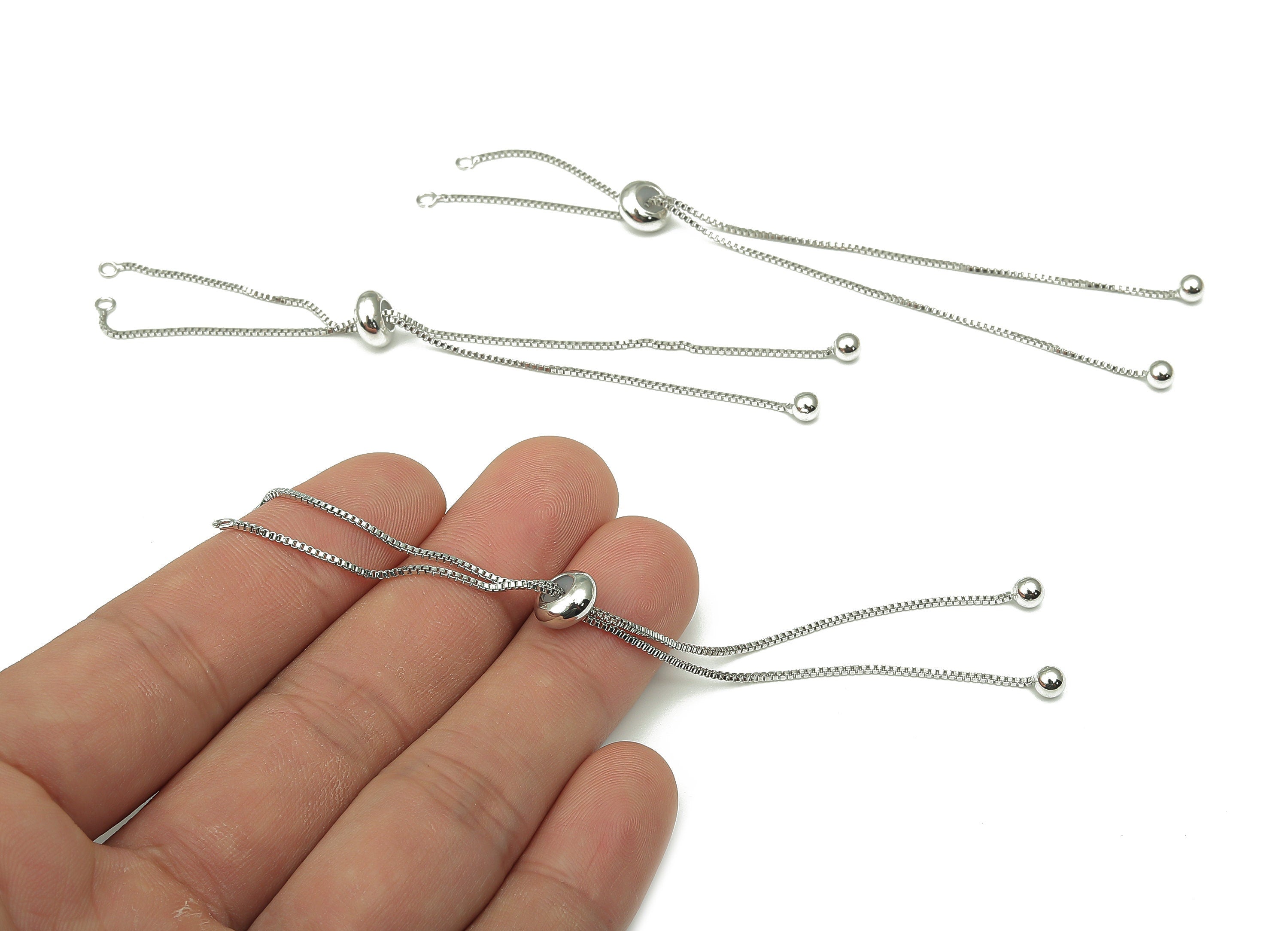 18K White Gold - Sliding Stopper Adjustable Bracelet With Beads - Box Chain - Half Finished - Cube Chain - 113.22x8.15x4.02mm - RGP4581S - DOMEDBAZAAR