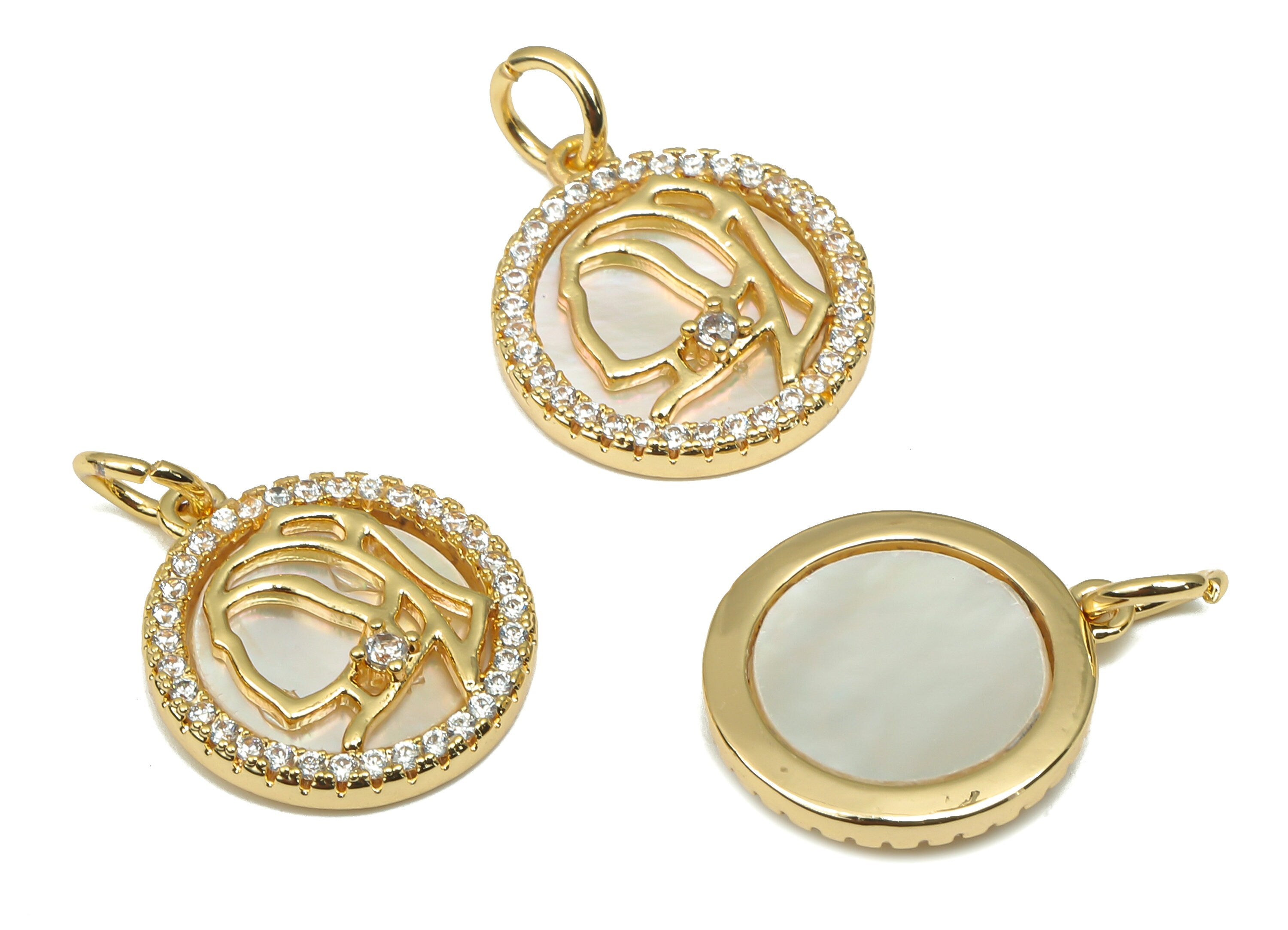 Brass Round Pendant - CZ Paved MOP Shell Circle Charm WIth Zircon - 18K Real Gold Plated Brass - For Necklace - 18.68x13.53x1.94mm - RGP4591 - DOMEDBAZAAR