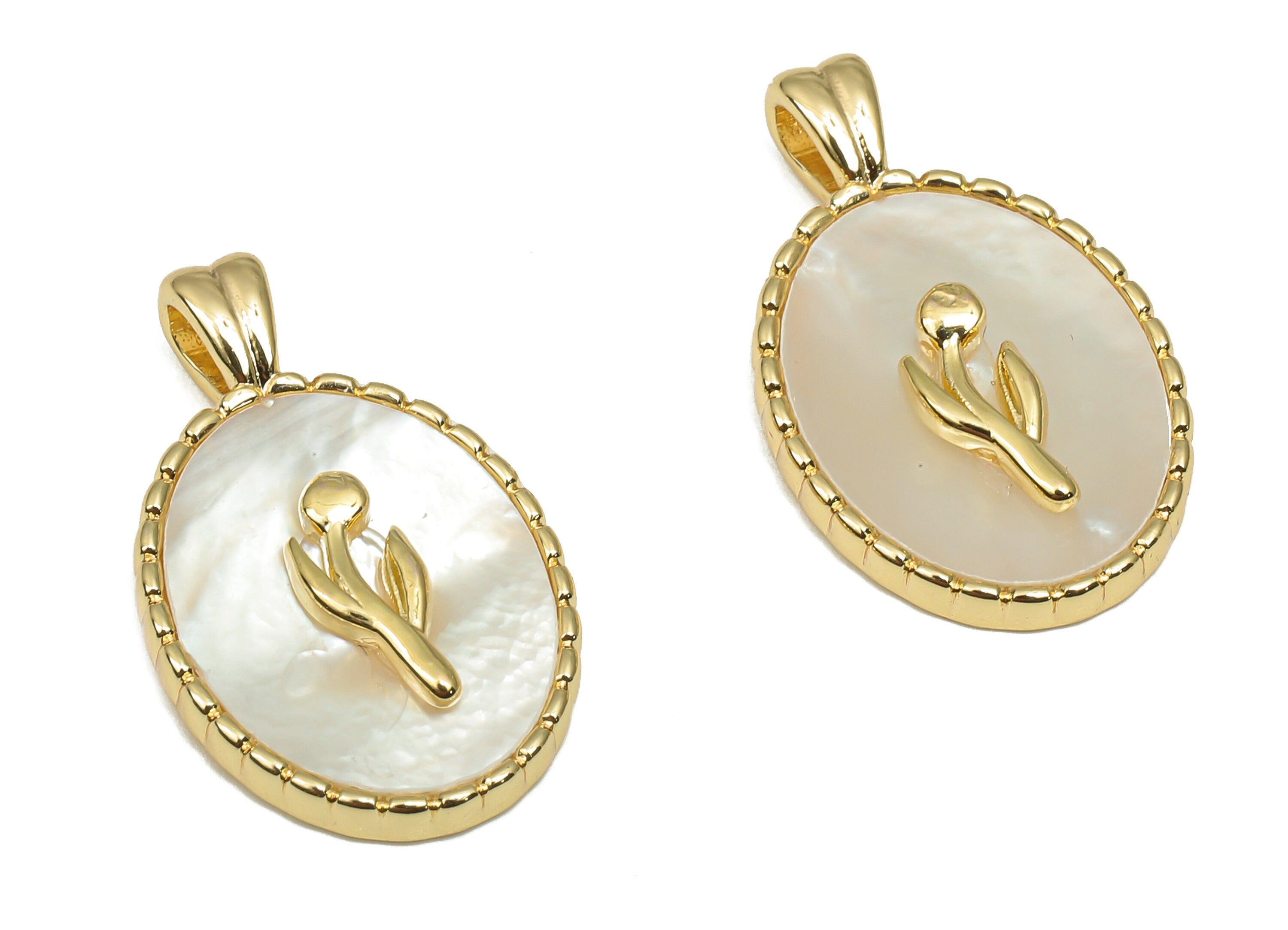 Brass Oval Pendant - Gold Oval Shell Pendant - Mother of Pearl Drop Flower Necklace - 18K Real Gold Plated Brass -21.3x12.7x3.1mm - RGP4593 - DOMEDBAZAAR