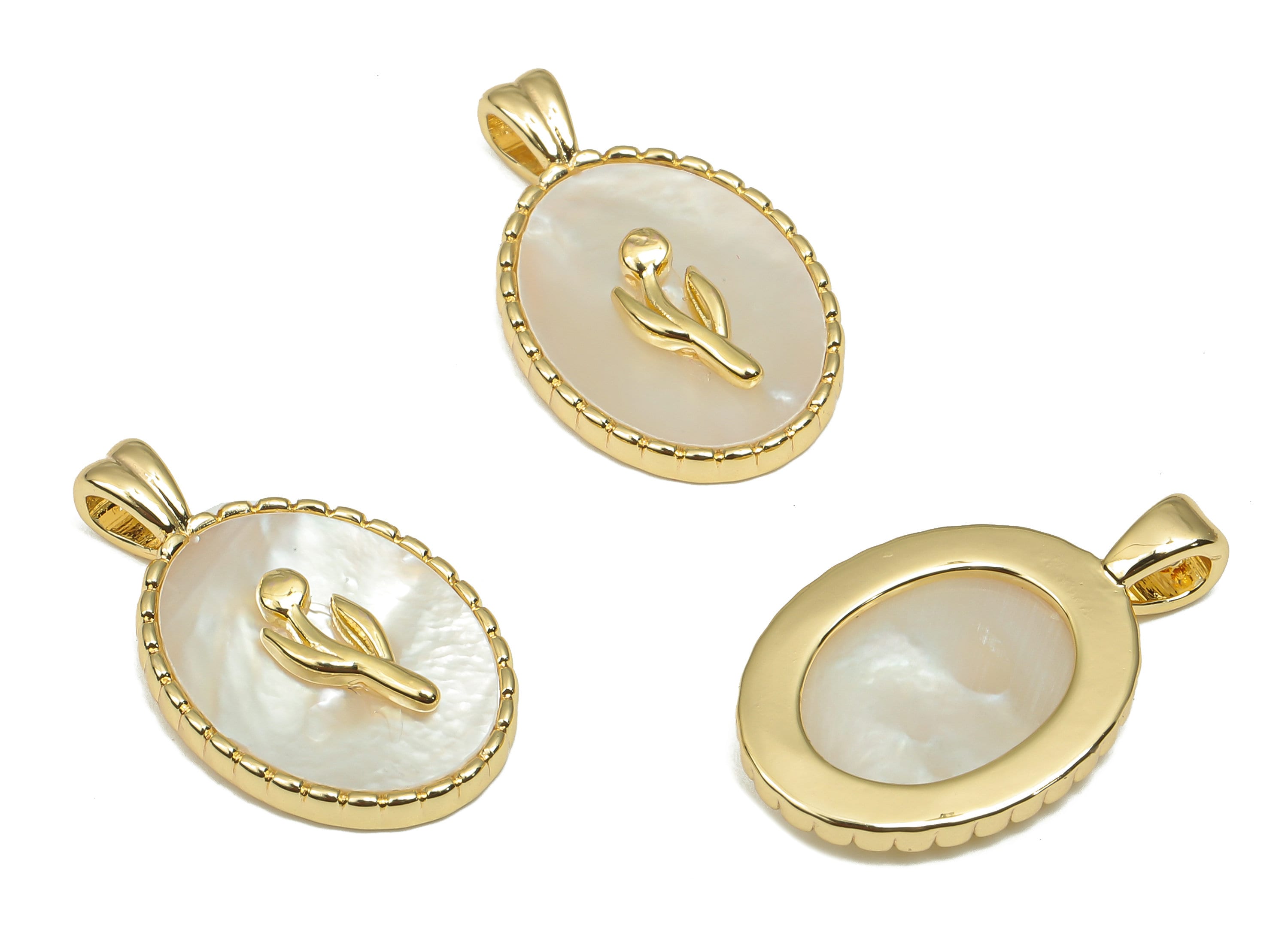 Brass Oval Pendant - Gold Oval Shell Pendant - Mother of Pearl Drop Flower Necklace - 18K Real Gold Plated Brass -21.3x12.7x3.1mm - RGP4593 - DOMEDBAZAAR