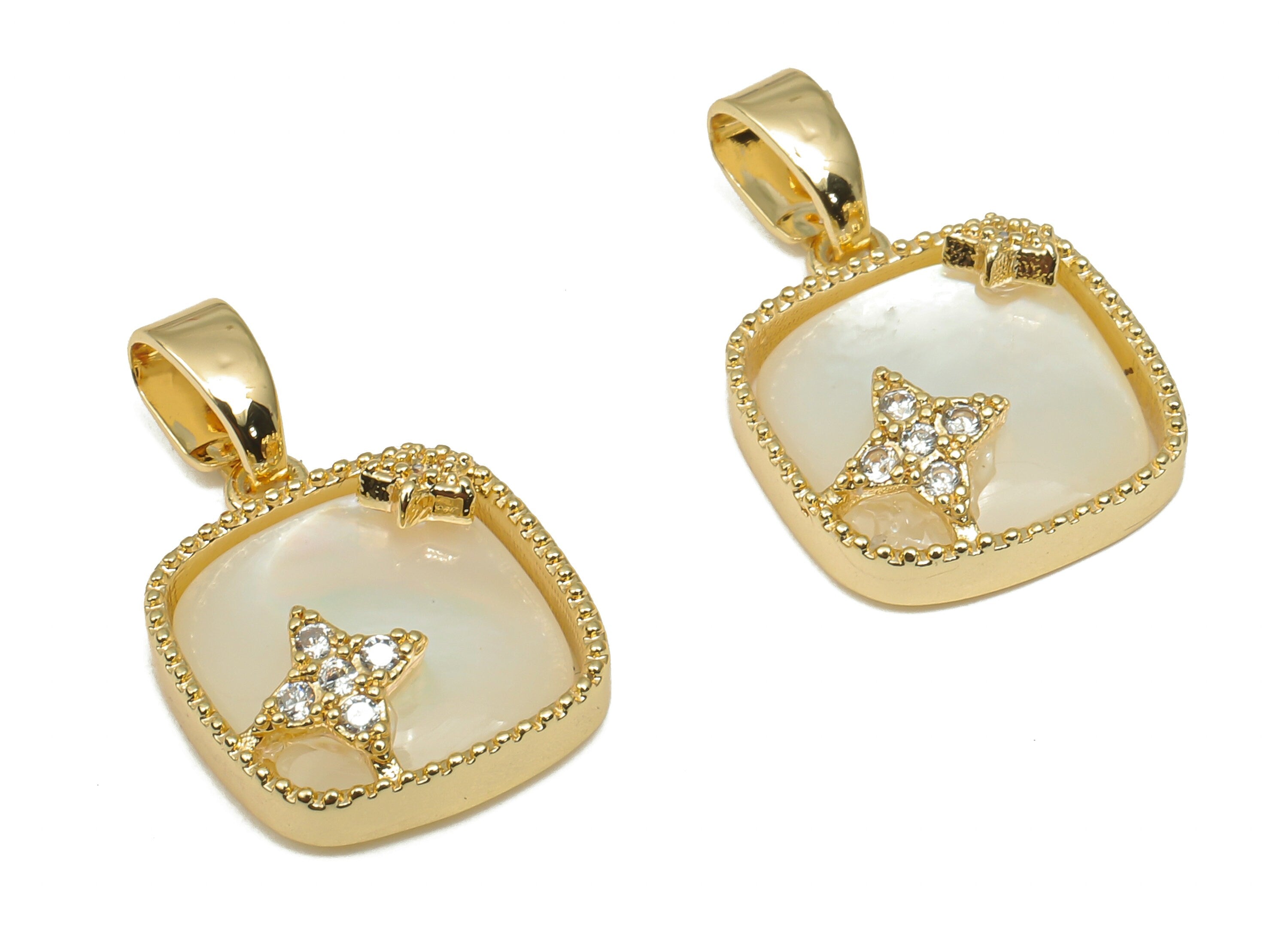 Brass Square Pendant - CZ Paved MOP Shell Star Charm - 18K Real Gold Plating Mother of Pearl - For Necklace - 17.93x11.4x2.54mm - RGP4595 - DOMEDBAZAAR