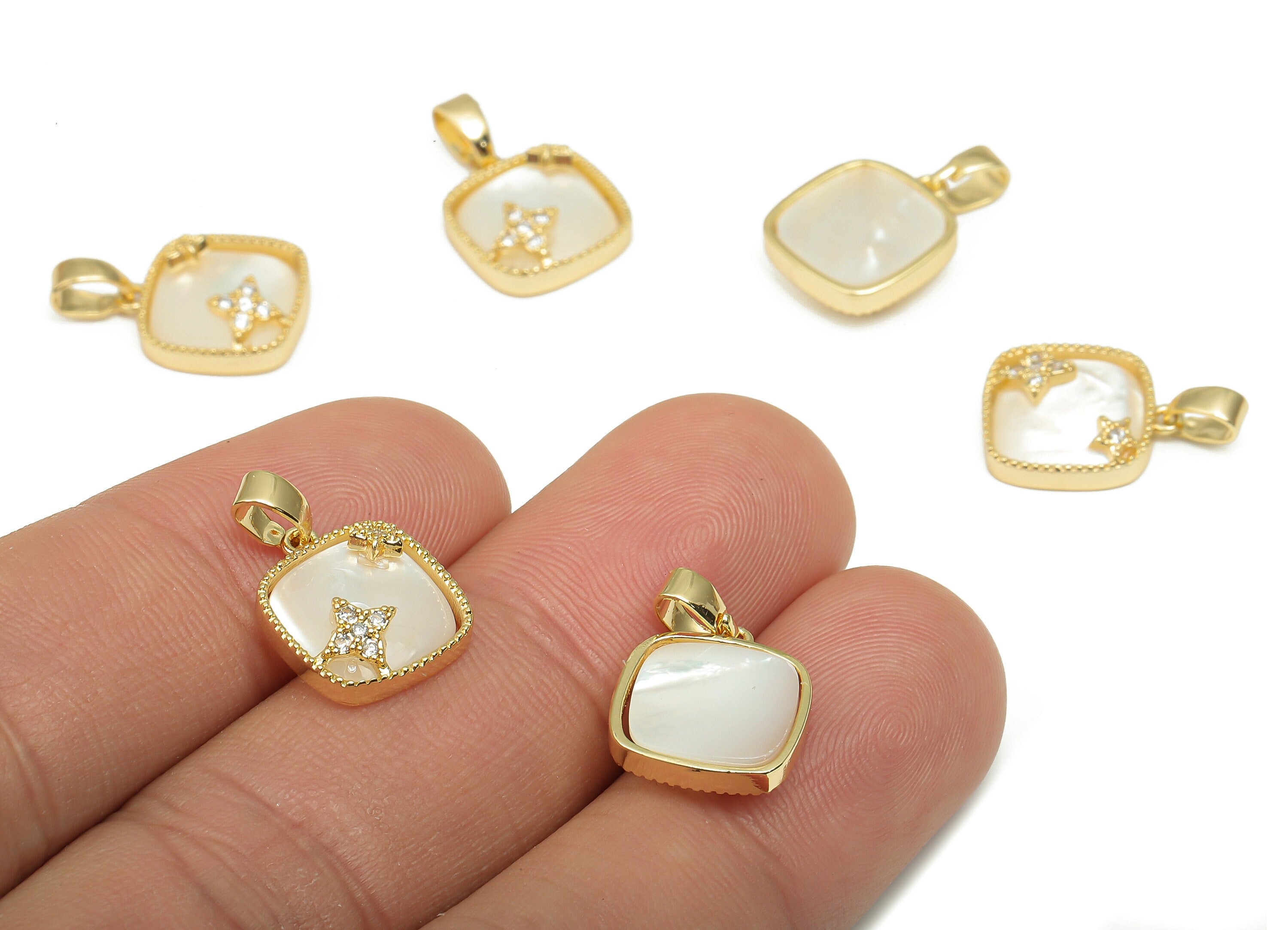 Brass Square Pendant - CZ Paved MOP Shell Star Charm - 18K Real Gold Plating Mother of Pearl - For Necklace - 17.93x11.4x2.54mm - RGP4595 - DOMEDBAZAAR