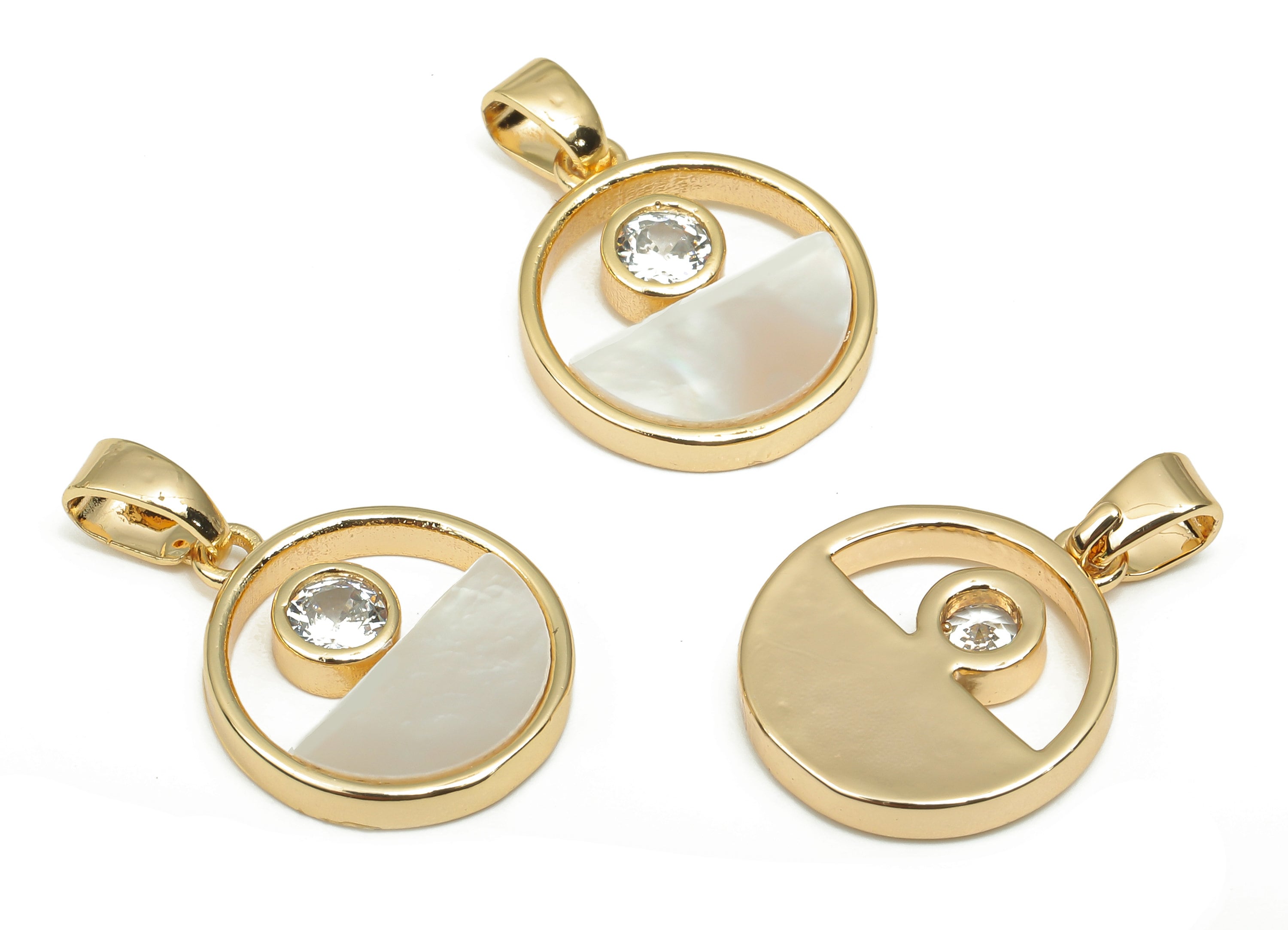 Brass Round Pendant - CZ Paved MOP Shell Circle Zircon Charm - 18K Real Gold Plating - Mother of Pearl For Necklace -19.3x12.6x2.2mm-RGP4598 - DOMEDBAZAAR