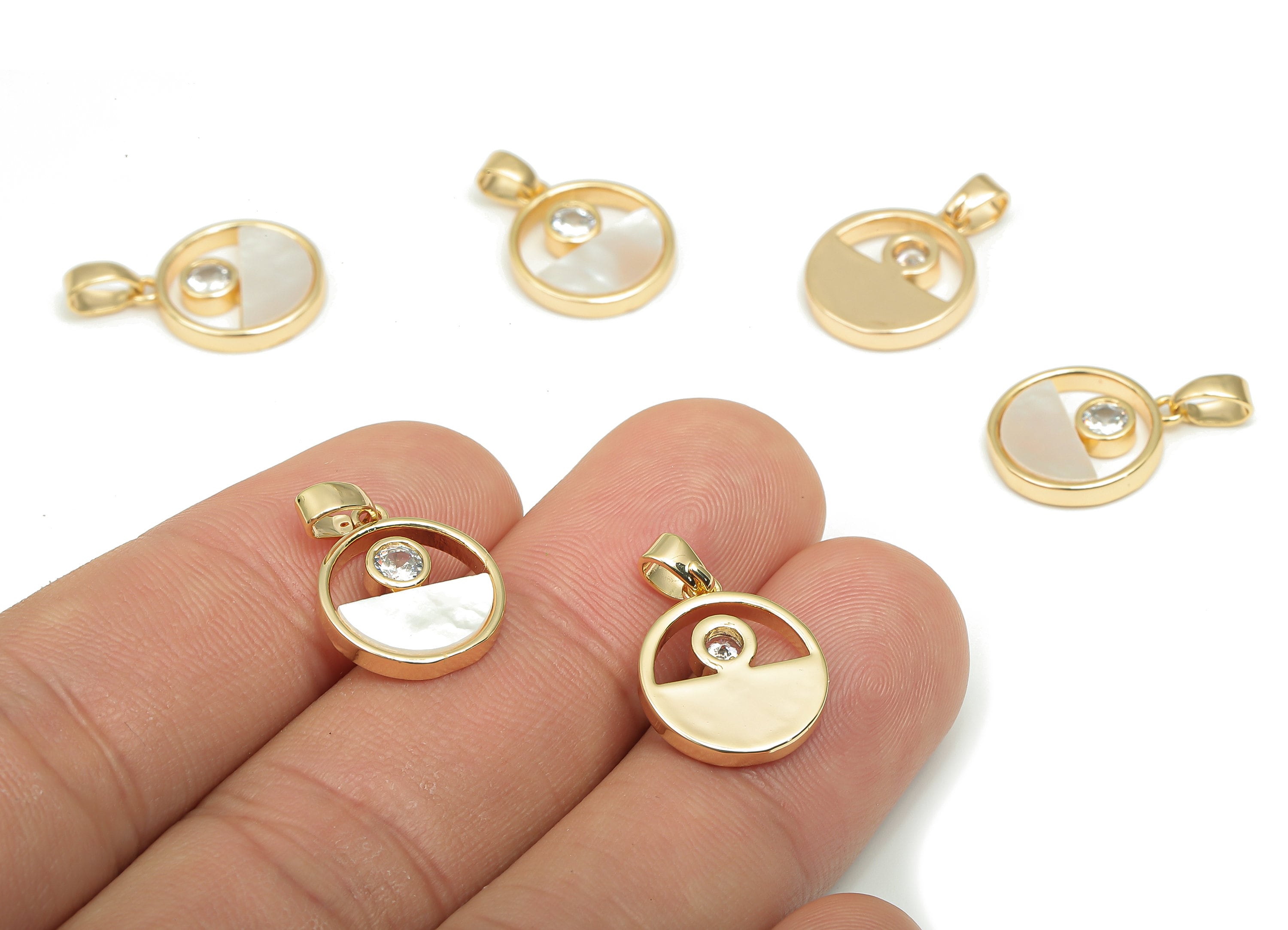 Brass Round Pendant - CZ Paved MOP Shell Circle Zircon Charm - 18K Real Gold Plating - Mother of Pearl For Necklace -19.3x12.6x2.2mm-RGP4598 - DOMEDBAZAAR