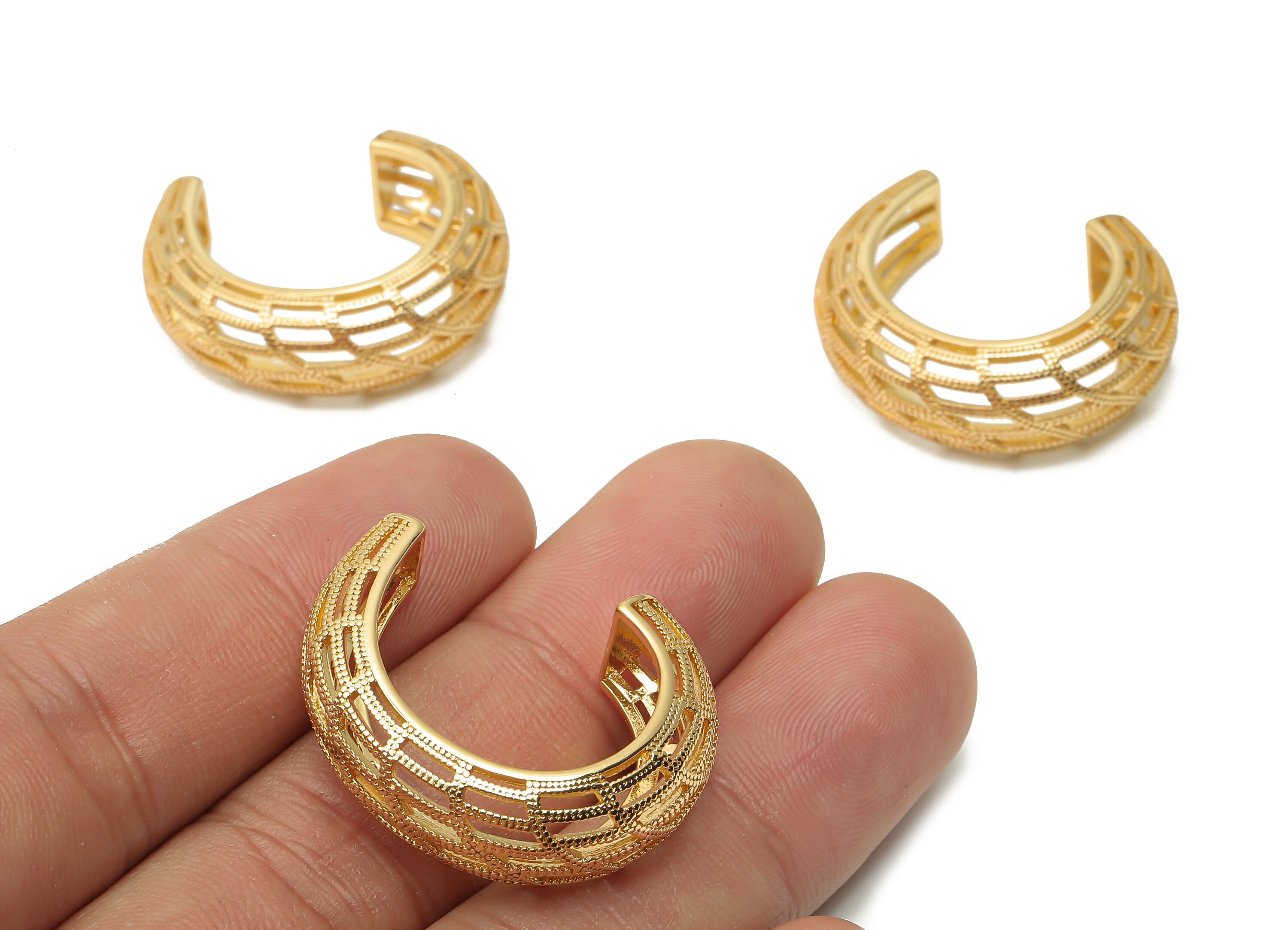 Brass Textured Moon Earrings  - Gold Plated Crescent Hoop Earrings - Earring Open Hoop C - 18K Real Gold Plated -29.52x25.52x2.98mm -RGP4986 - DOMEDBAZAAR