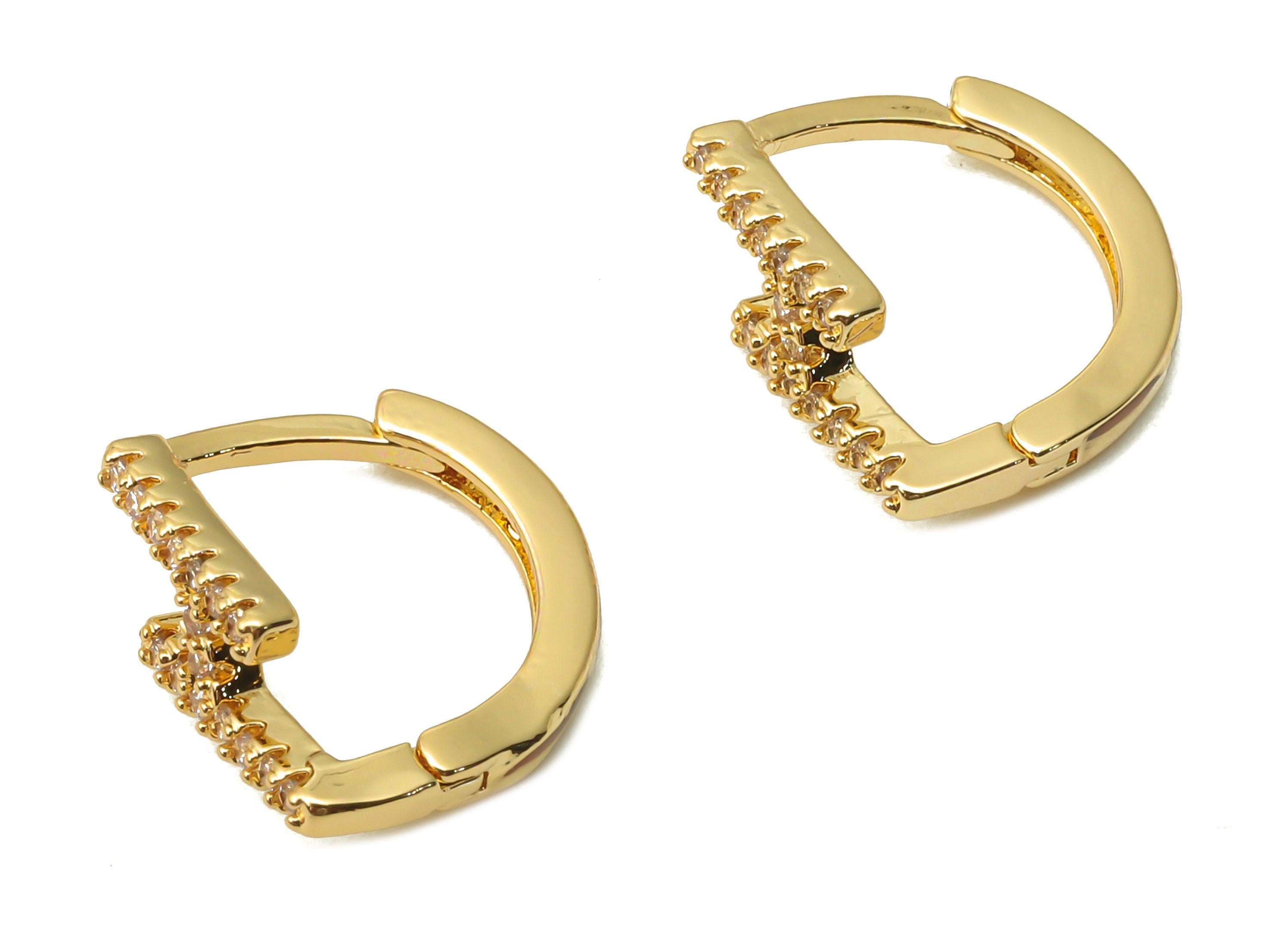 Brass D Huggie Hoop Earrings - Brass Saw Huggie Hoop Earring with Zircons - Dainty Hoop Earrings - 13.95x11.7x1.82mm- RGP4987 - DOMEDBAZAAR