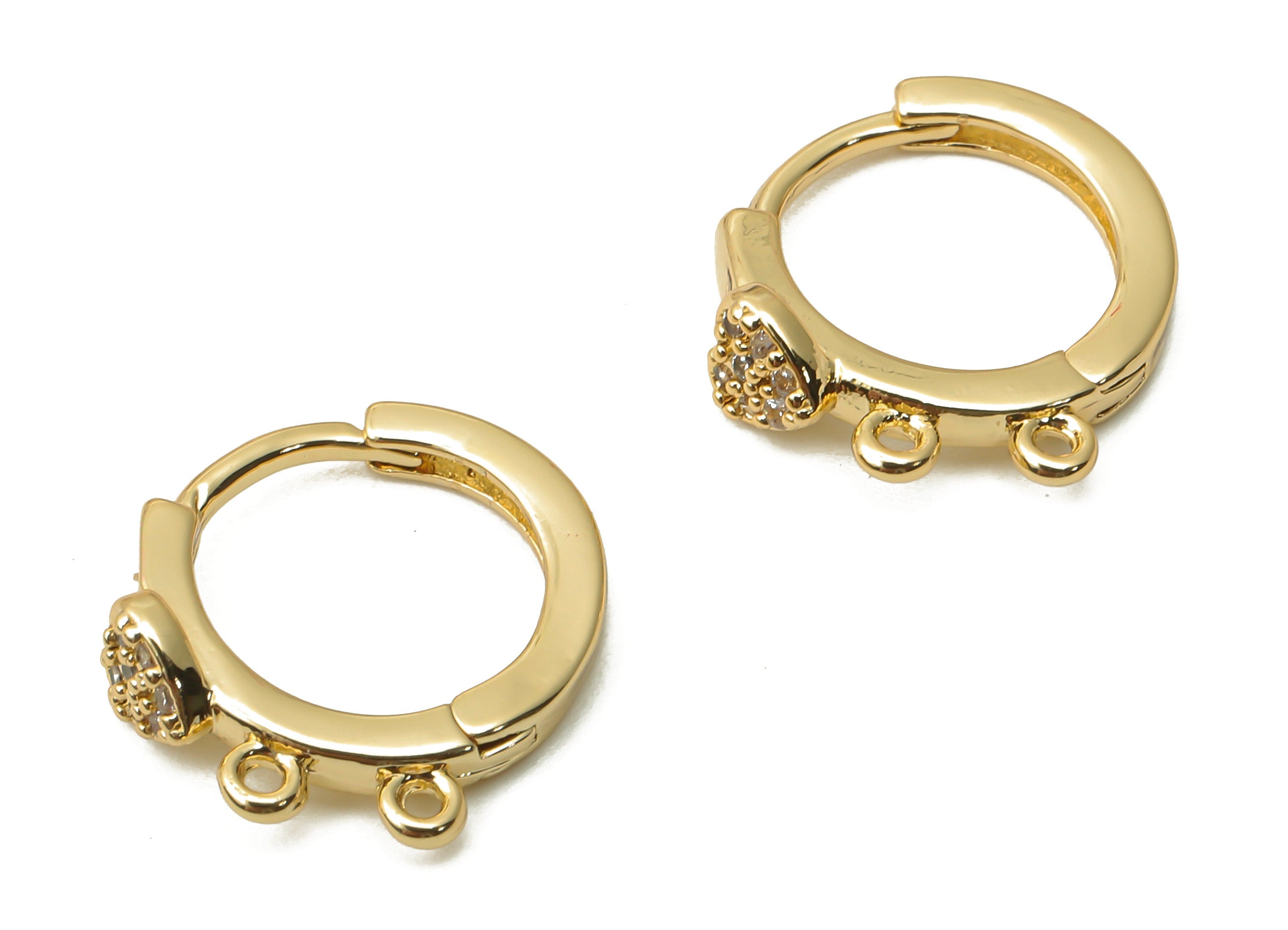 Brass Multi Hole Earrings With Zircon - Huggie Hoop With Loop - Brass Heart Clasps - 18K Real Gold Plated - 13.6x12.07x1.6mm - RGP4988 - DOMEDBAZAAR