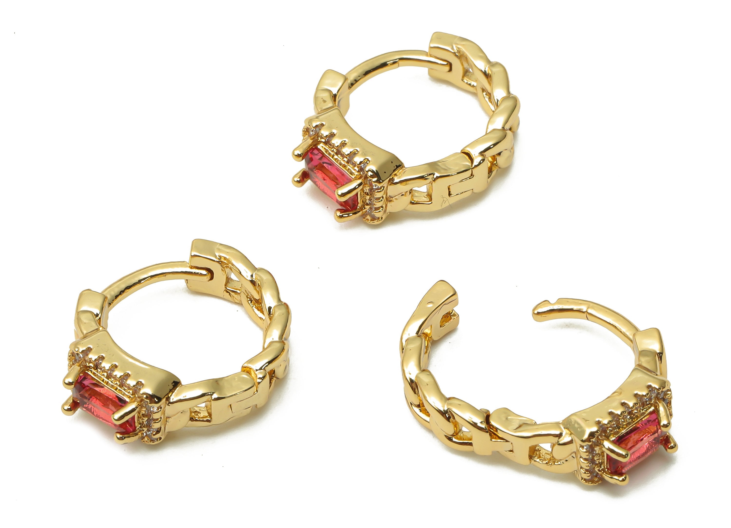 Brass Curb Chain Huggie Hoop Earrings - Brass Hoops with Zircons - Red Solitaire Ring Earring- 18K Real Gold Plated-16.21x13.7x3.3mm-RGP4989 - DOMEDBAZAAR