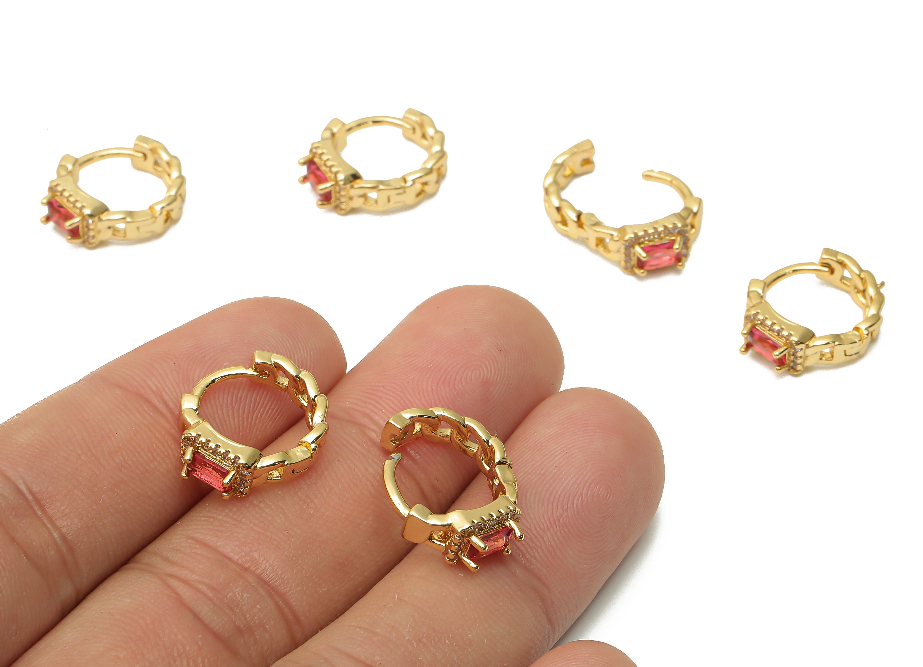 Brass Curb Chain Huggie Hoop Earrings - Brass Hoops with Zircons - Red Solitaire Ring Earring- 18K Real Gold Plated-16.21x13.7x3.3mm-RGP4989 - DOMEDBAZAAR
