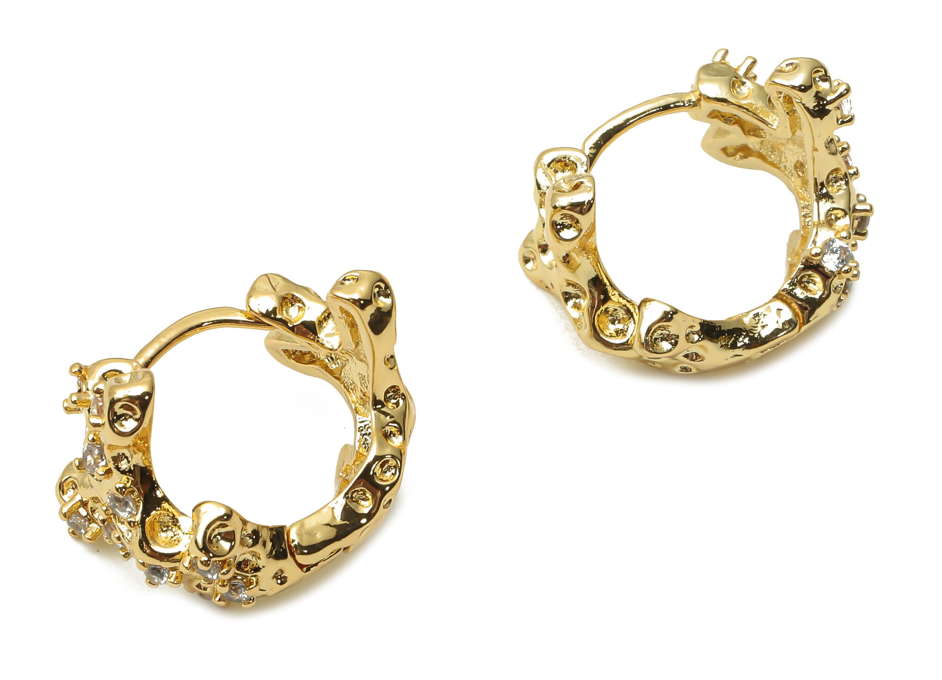Brass Branch Huggie Hoop Earrings - Brass Textured Earrings - Geometric Hoop Earrings - 18K Real Gold Plated - 14.36x12.28x2.16mm -RGP4990 - DOMEDBAZAAR