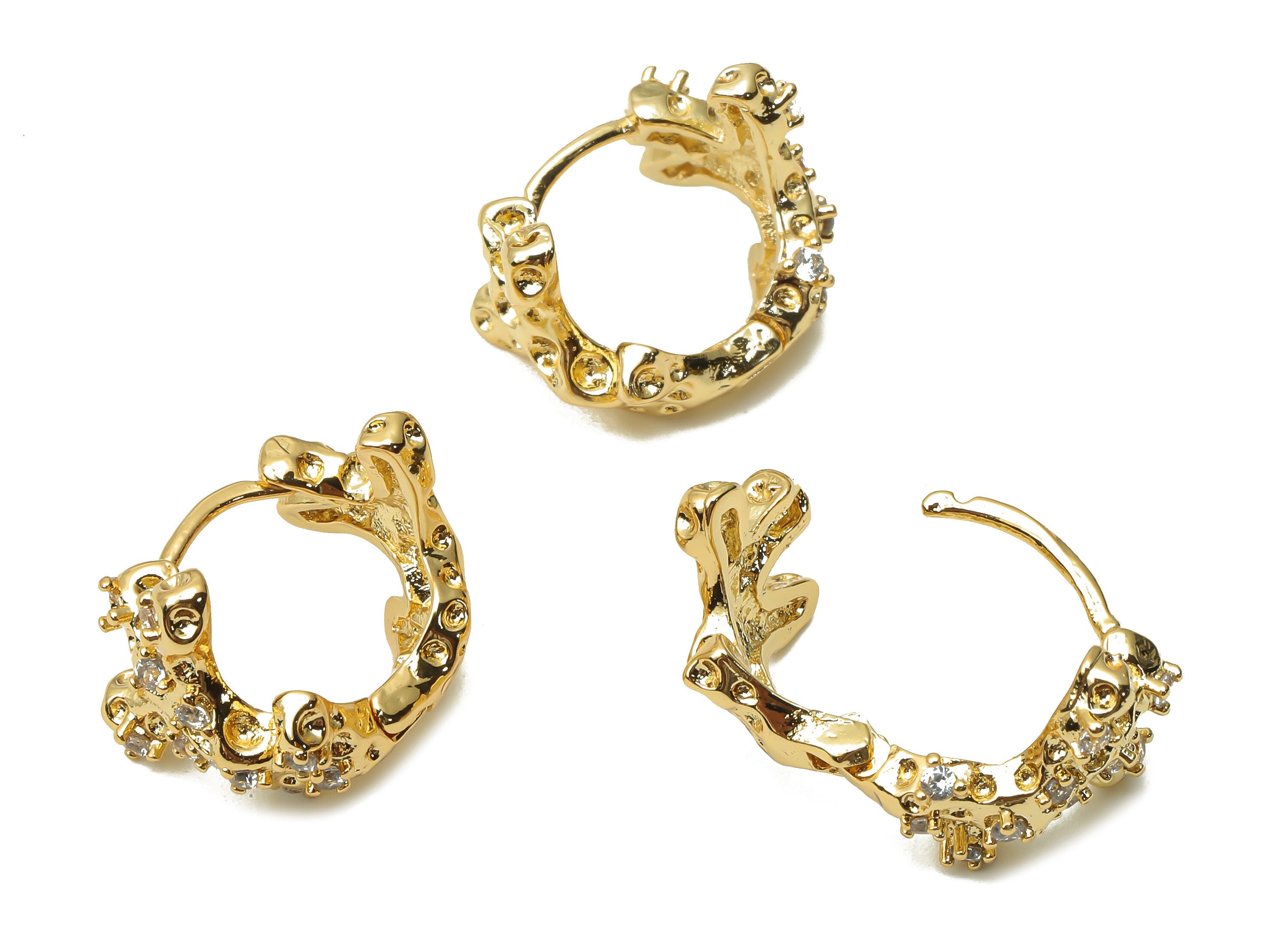 Brass Branch Huggie Hoop Earrings - Brass Textured Earrings - Geometric Hoop Earrings - 18K Real Gold Plated - 14.36x12.28x2.16mm -RGP4990 - DOMEDBAZAAR