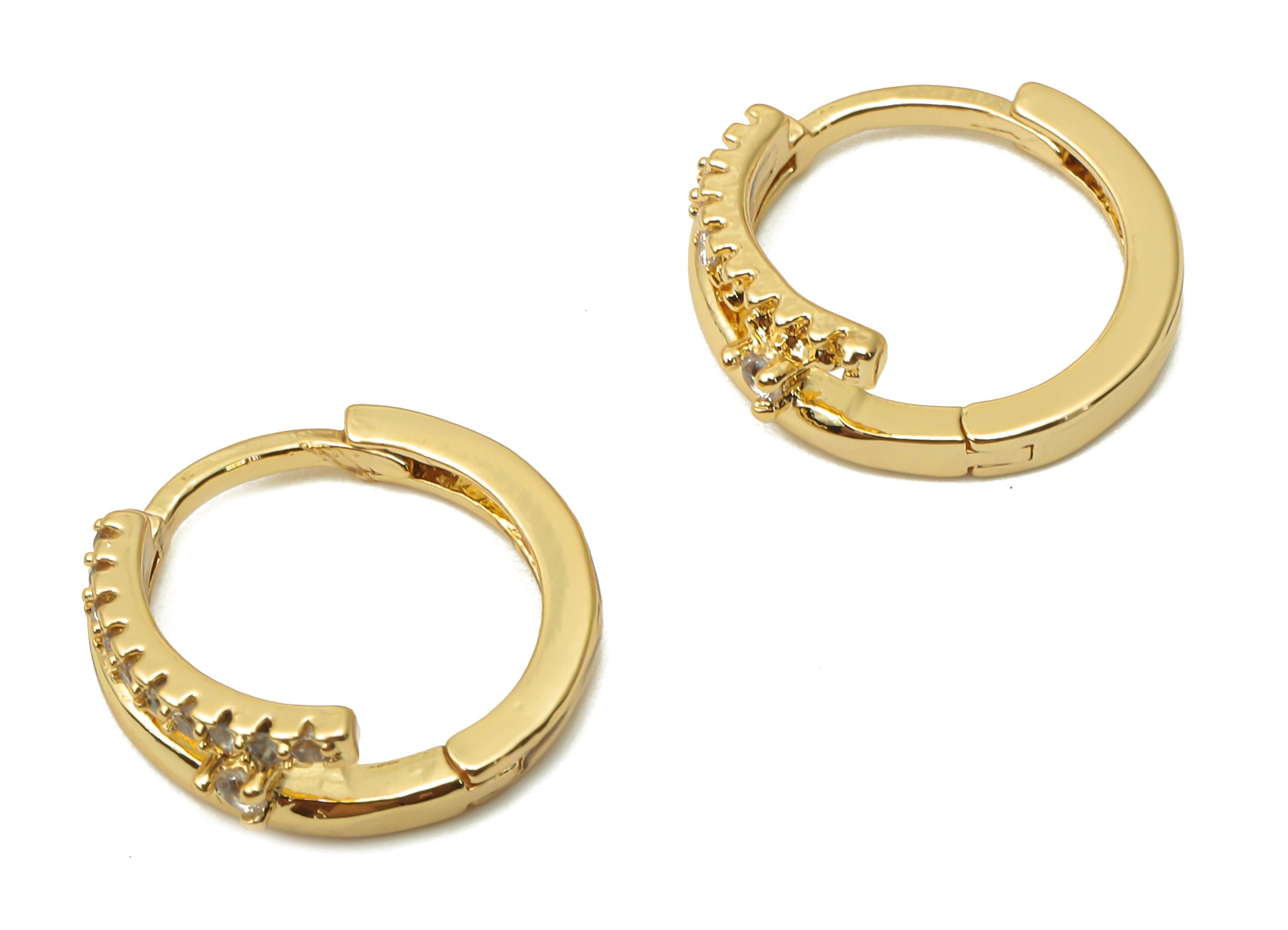 Brass Textured Earring Clasps With Zircon - Gold Plated Round Clasps - Huggie Hoop Clasps - 18K Real Gold Plated -14.96x13.82x1.62mm-RGP4991 - DOMEDBAZAAR