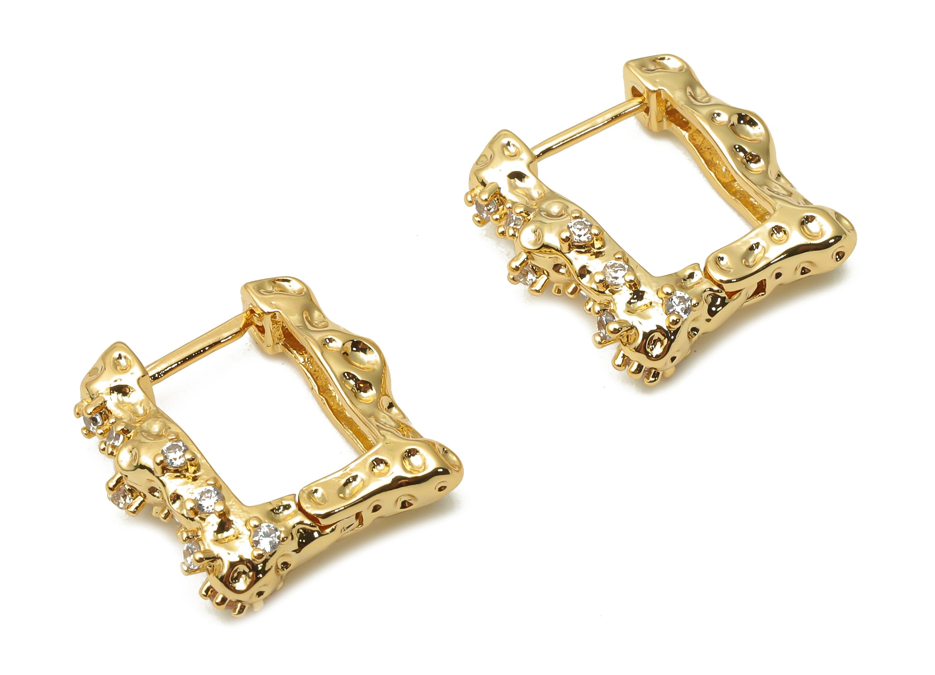 Brass Rectangle Spotted Huggie Hoop Earring - Brass Textured Earring - Brass Angled Hoop - 18K Real Gold Plated - 16.06x15.17x2.5mm -RGP4994 - DOMEDBAZAAR