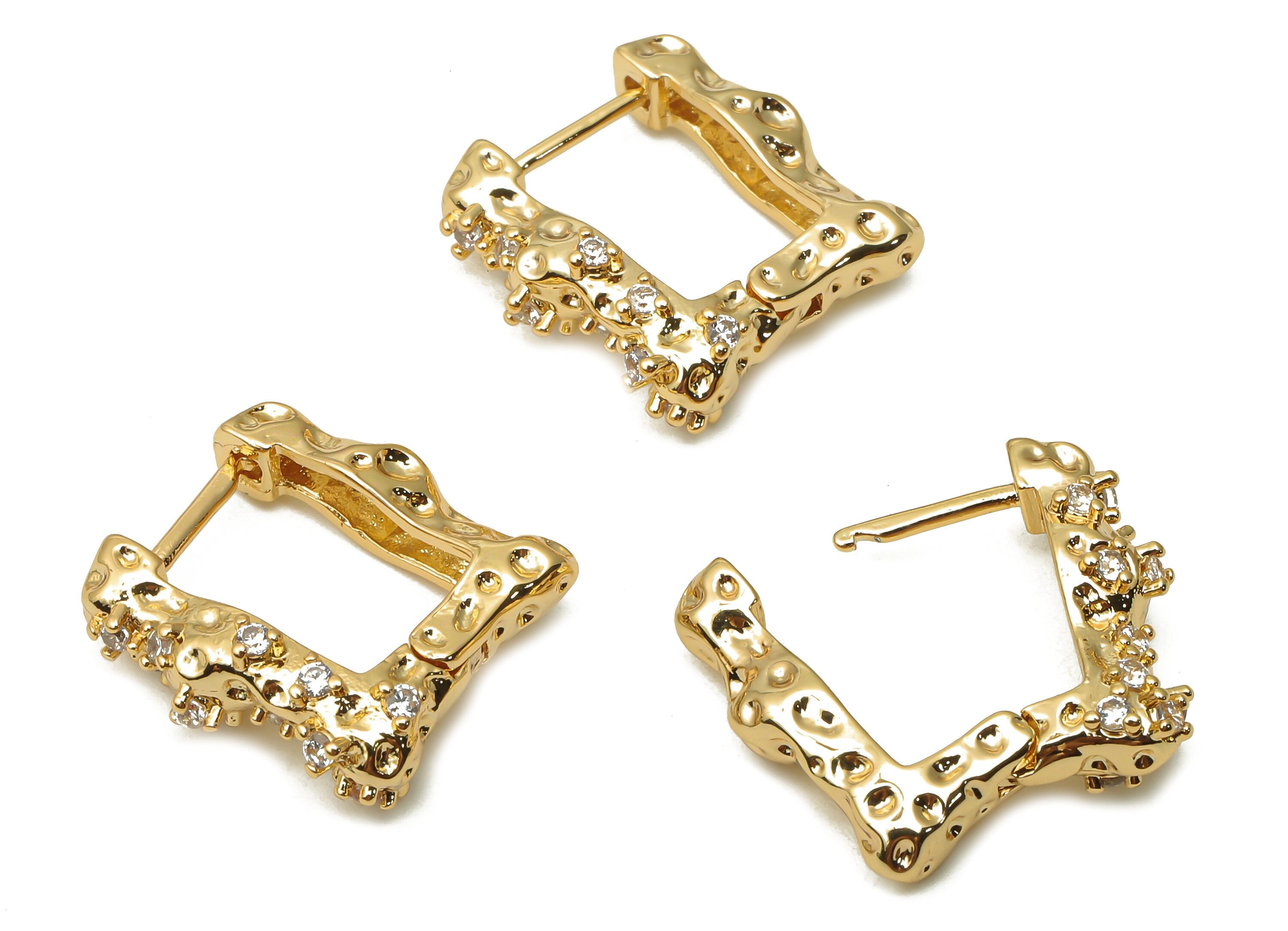 Brass Rectangle Spotted Huggie Hoop Earring - Brass Textured Earring - Brass Angled Hoop - 18K Real Gold Plated - 16.06x15.17x2.5mm -RGP4994 - DOMEDBAZAAR