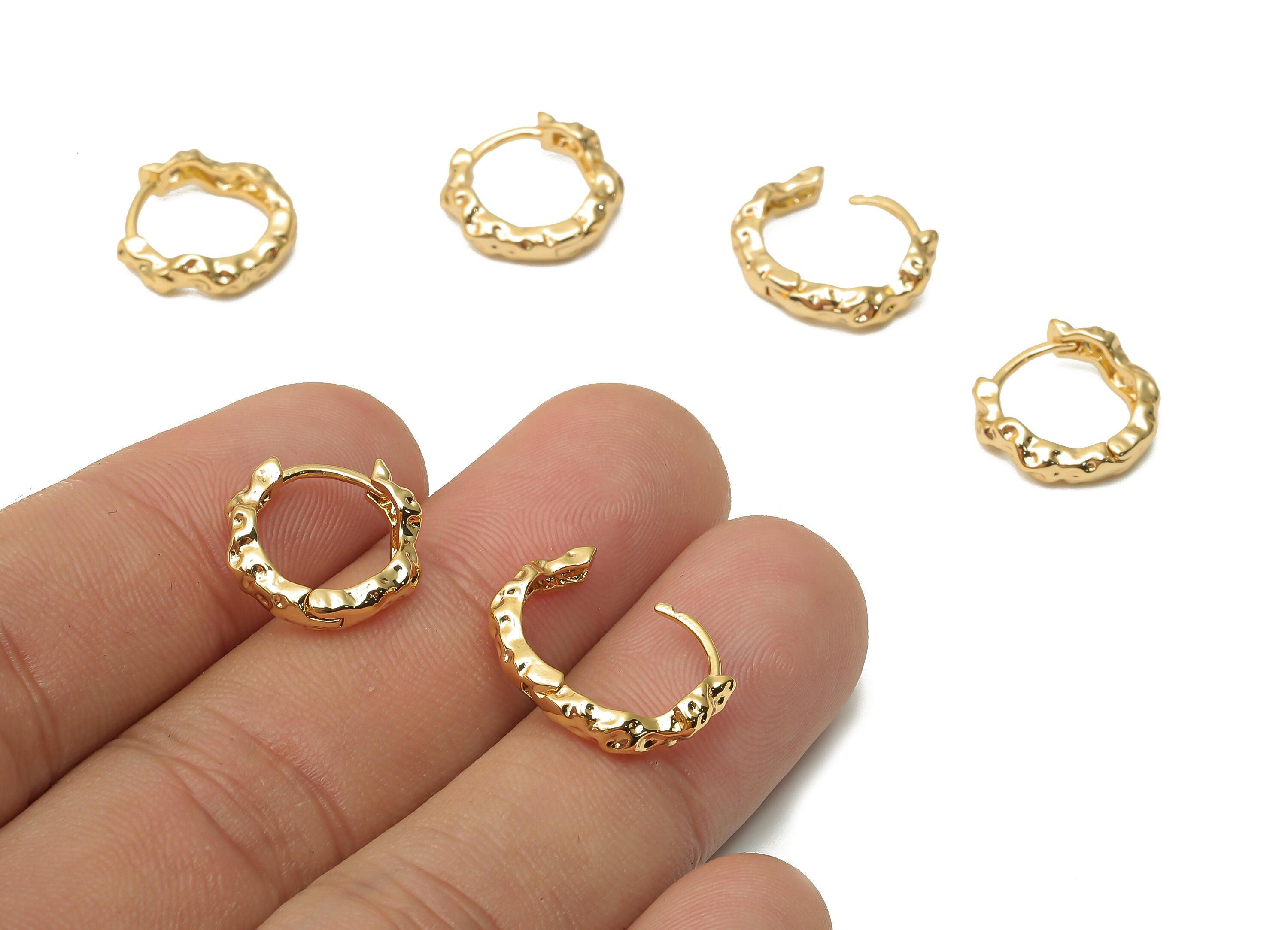 Brass Spotted Huggie Hoop Earrings - Brass Textured Stud Earringss - Waves Clasps -18K Real Gold Plated- 14x14x2.2mm - RGP4995 - DOMEDBAZAAR