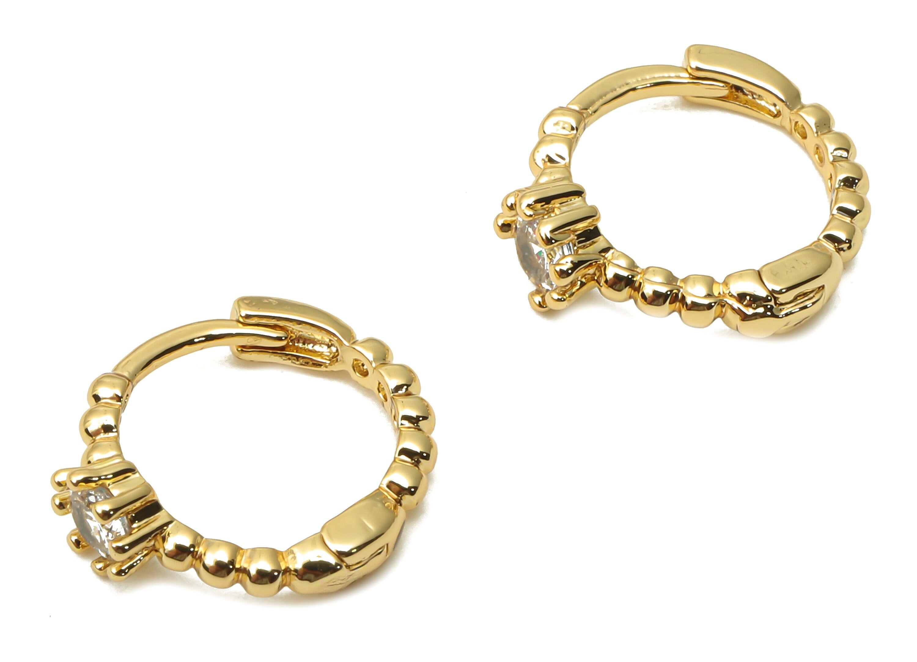 Brass Solitaire Ring Huggie Hoop Earrings - Brass Stud Earrings with Zircons - Ball Ring - 18K Real Gold Plated - 12.13x11.09x2.3mm -RGP4997 - DOMEDBAZAAR