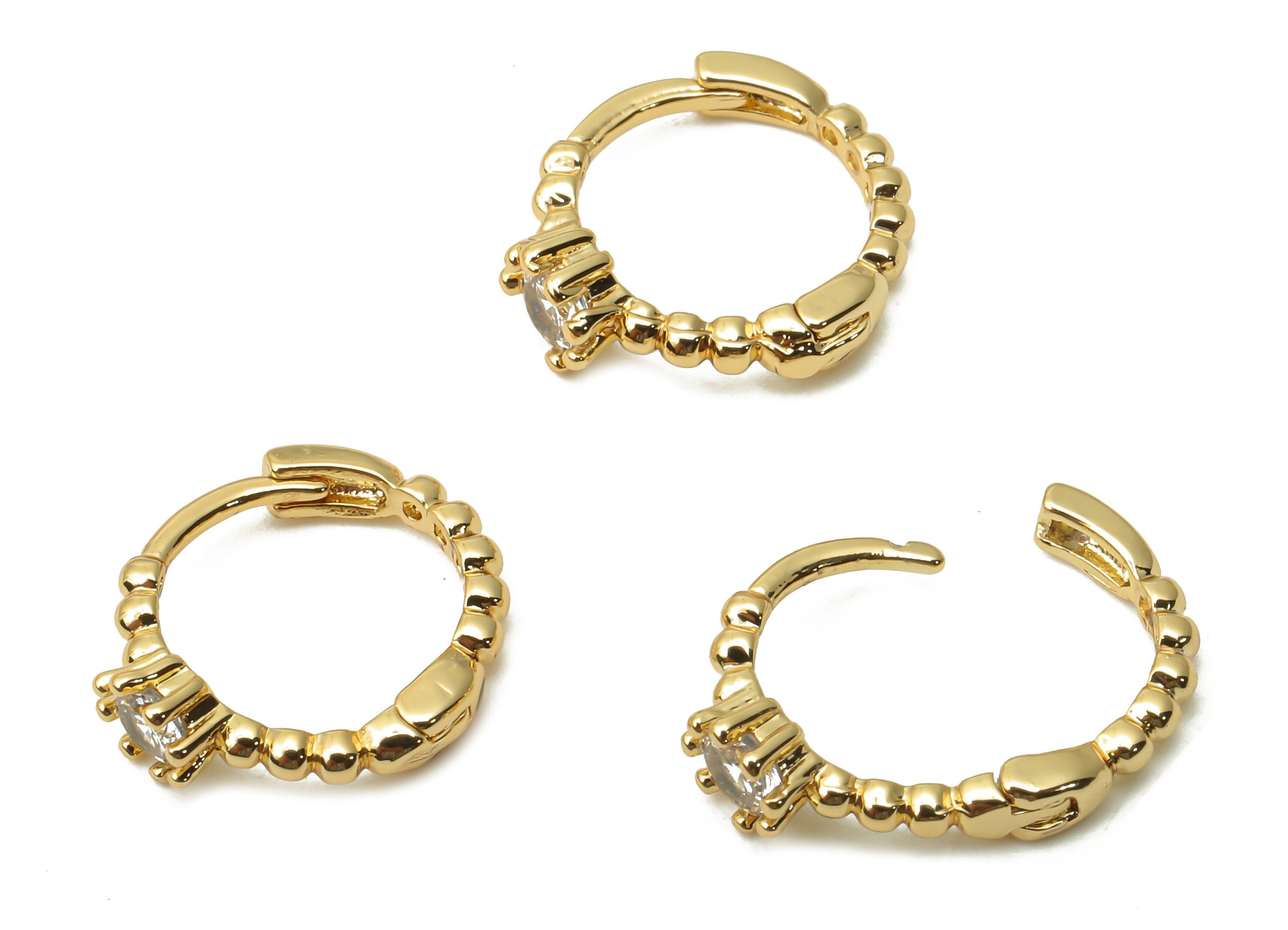 Brass Solitaire Ring Huggie Hoop Earrings - Brass Stud Earrings with Zircons - Ball Ring - 18K Real Gold Plated - 12.13x11.09x2.3mm -RGP4997 - DOMEDBAZAAR