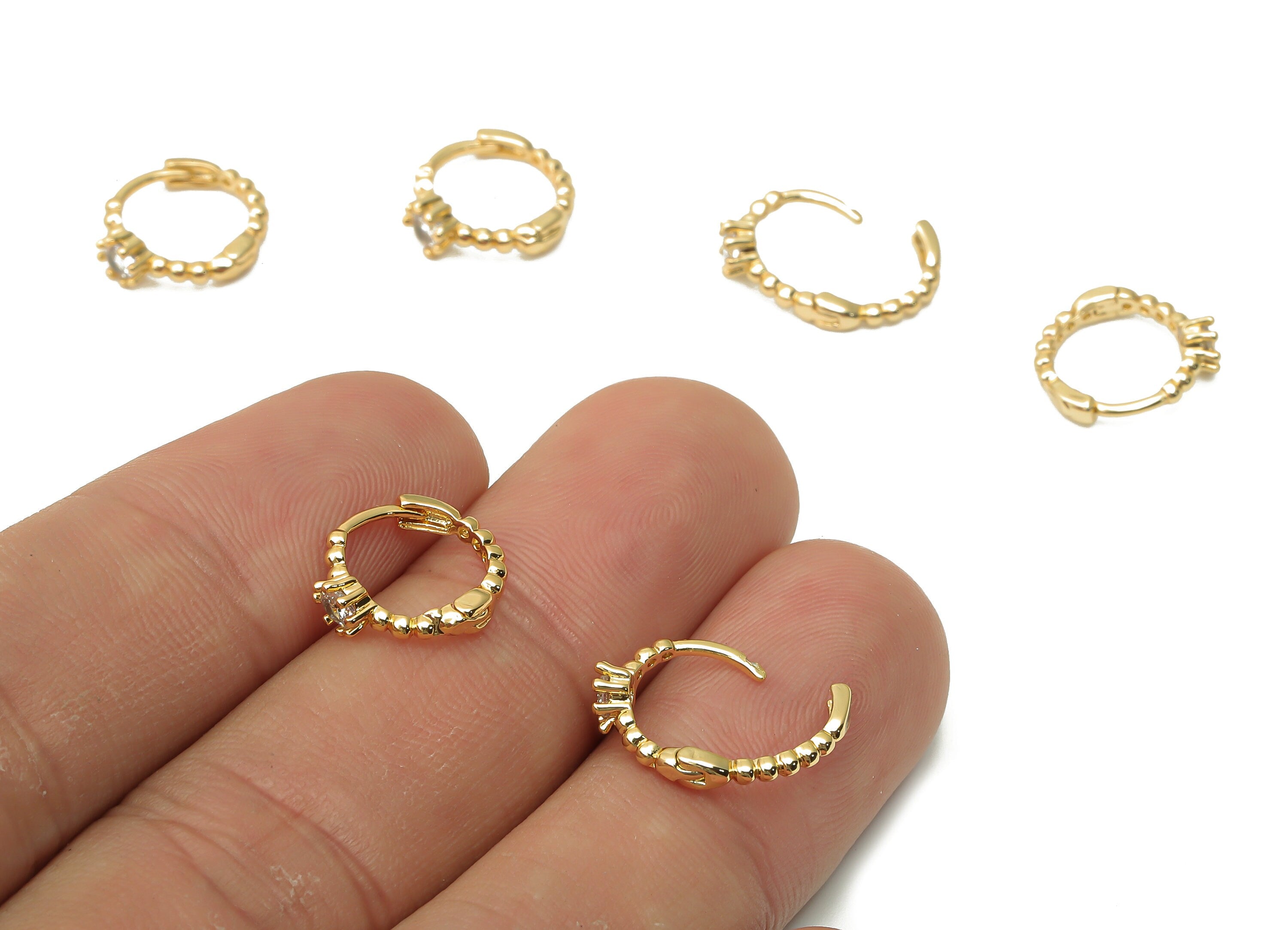 Brass Solitaire Ring Huggie Hoop Earrings - Brass Stud Earrings with Zircons - Ball Ring - 18K Real Gold Plated - 12.13x11.09x2.3mm -RGP4997 - DOMEDBAZAAR