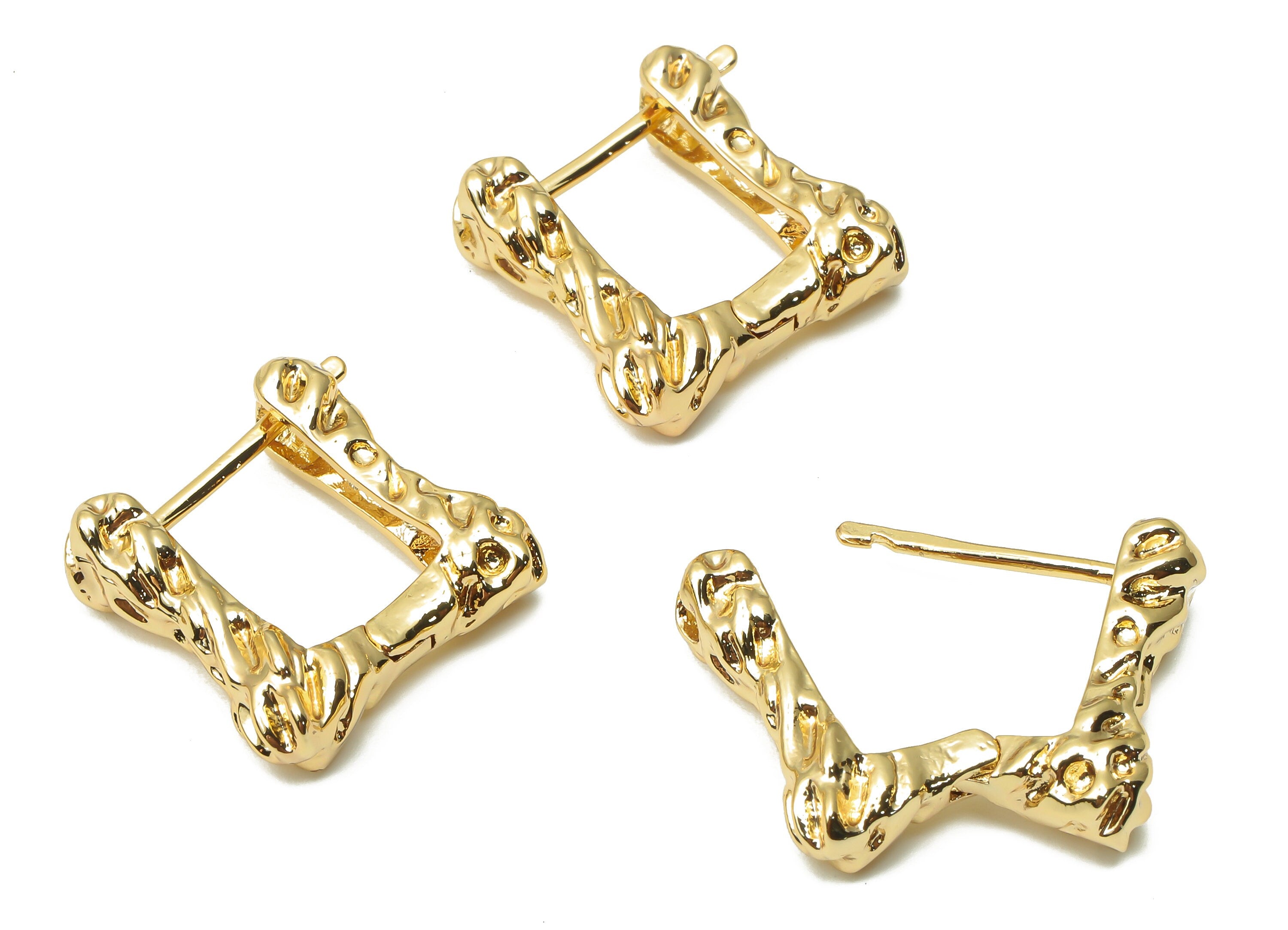 Brass Rectangle Spotted Earring - Brass Textured Angled Hoop - Geometric Huggie Hoop Earring- 18K Real Gold Plated-16.74x16.67x3.3mm-RGP4998 - DOMEDBAZAAR