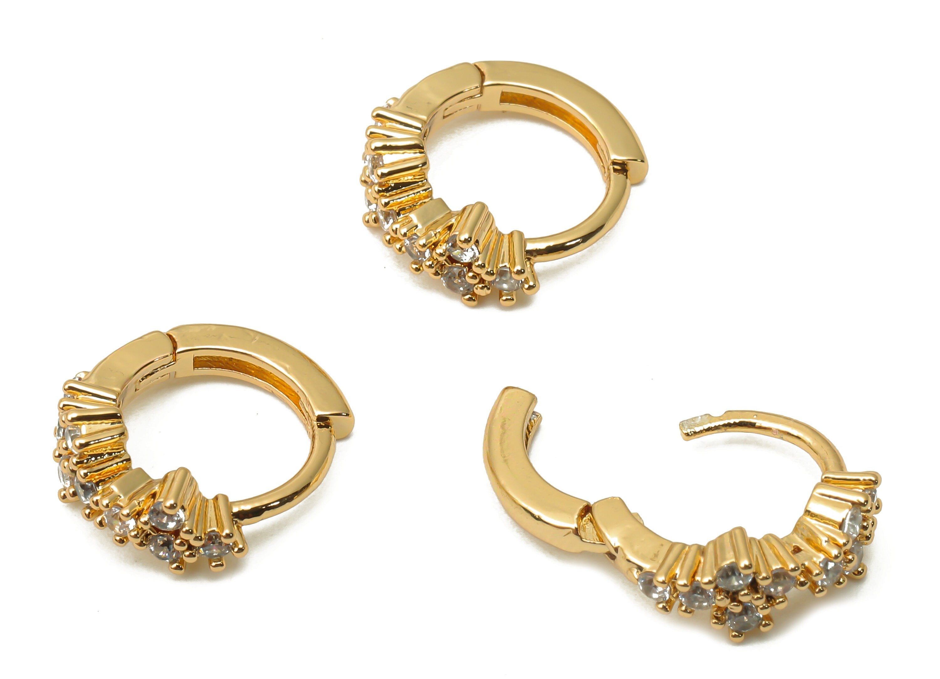 Brass Flower Hoop Huggie Earring - Brass Round Stud with Zircon - Huggie Hoop Clasps - 18K Real Gold Plated- 12.24x11.53x2.63mm - RGP5003 - DOMEDBAZAAR