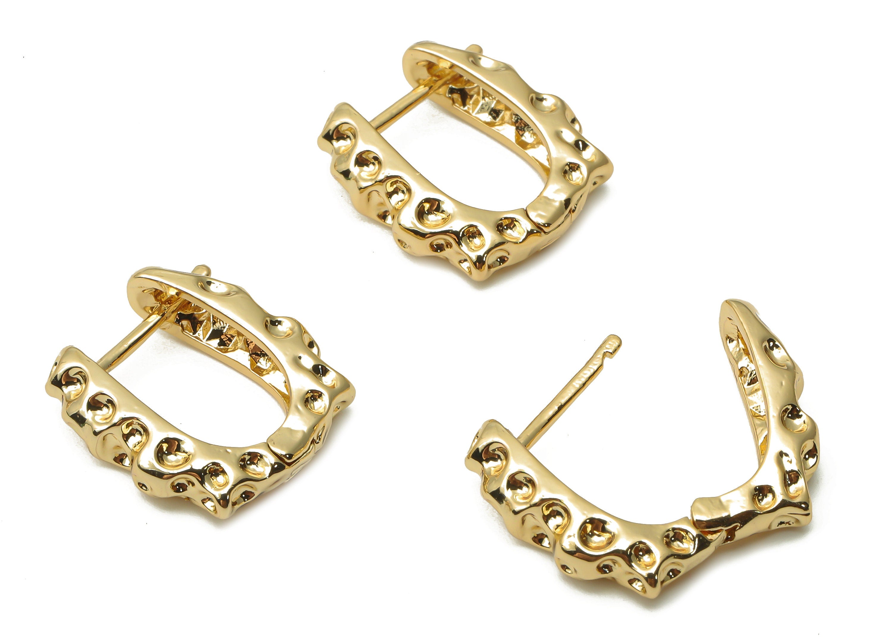 Brass Spotted Textured Huggie Earrings - Brass Geometric Angle Hoop Earrings - 18K Real Gold Plated - 16.8x15.07x3.2mm - RGP5004 - DOMEDBAZAAR