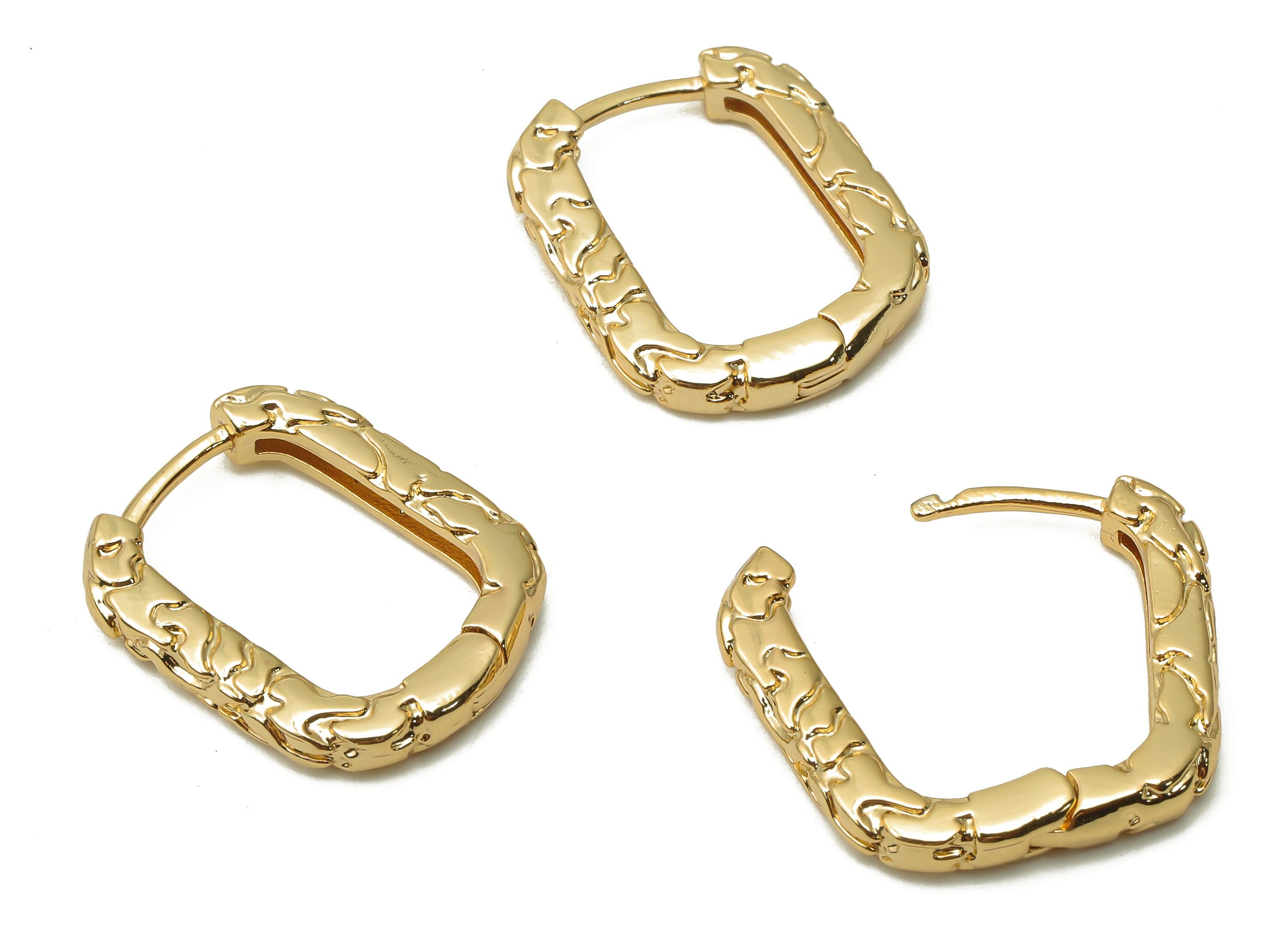 Brass Oval Rectangle Snake Pattern Earrings Clasps - Brass Textured Hoop Clasps Earrings - 18K Real Gold Plated- 17.87x14.48x2.67mm -RGP5007 - DOMEDBAZAAR