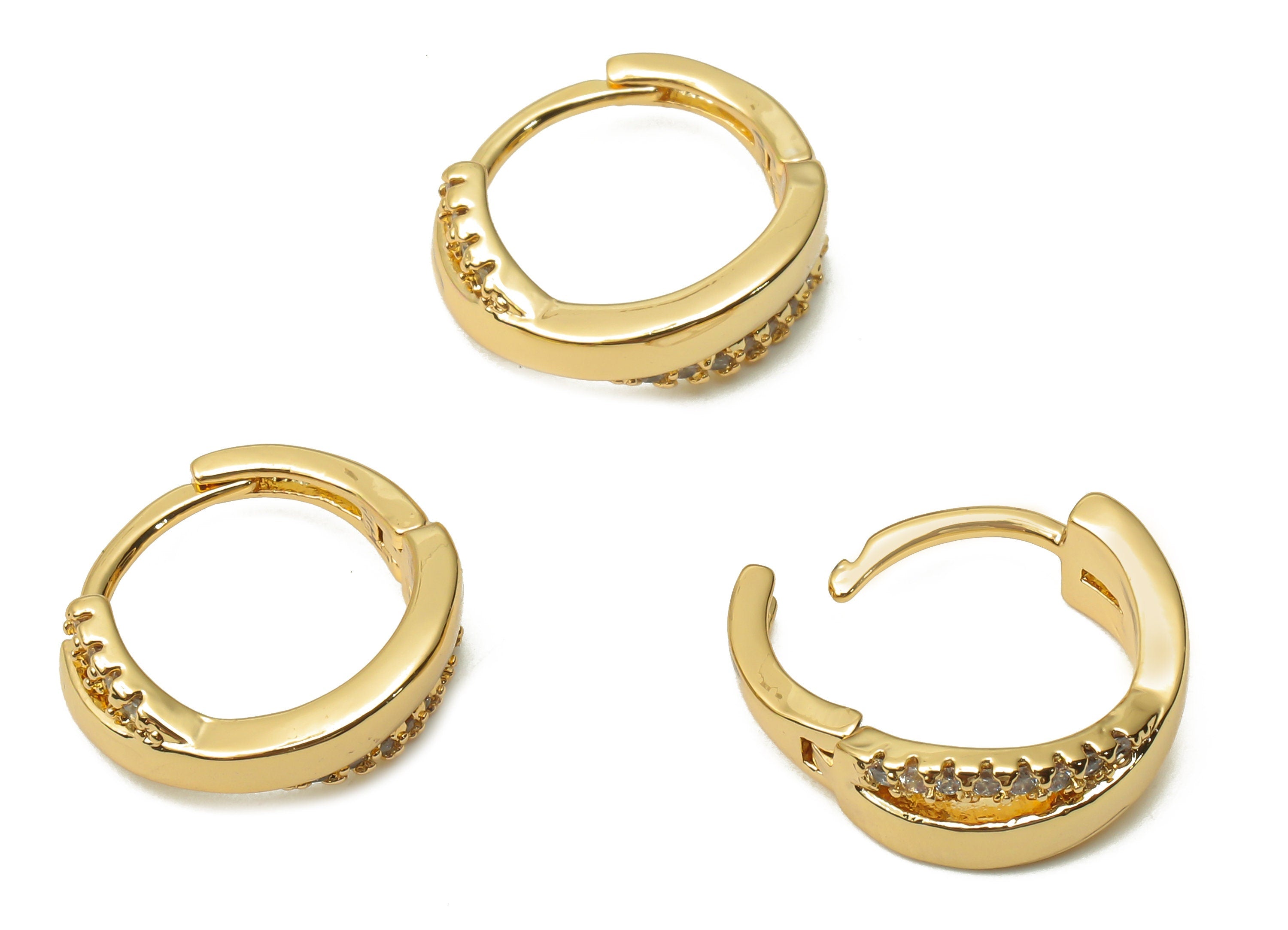 Brass Huggie Earrings With Zircon - Gold Plated Hoop Clasps - Huggie Hoop Earrings - 18K Real Gold Plated Brass - 13.6x12.7x1.7mm - RGP5009 - DOMEDBAZAAR