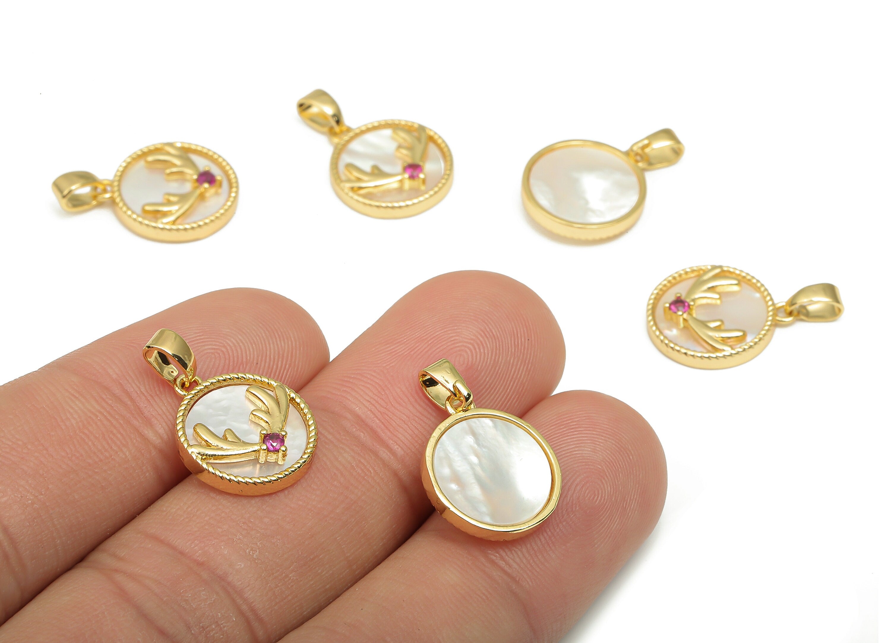 Brass Round Pendant - CZ Paved MOP Shell Deer Antlers Charm With Zircon - 18K Real Gold Plating - Mother of Pearl - 19.6x13x2.4mm - RGP4600 - DOMEDBAZAAR