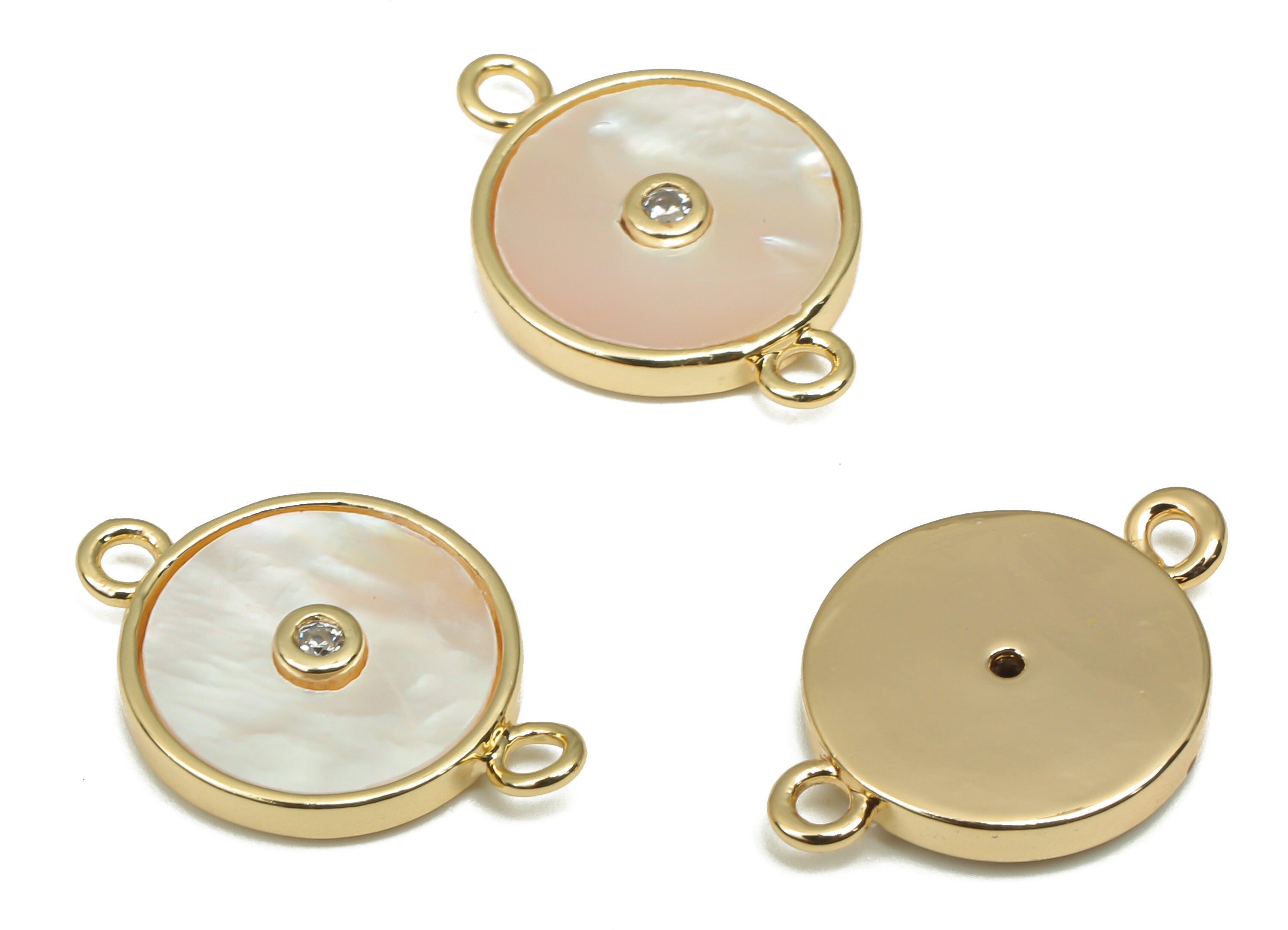 Brass Round Disc Connector - CZ Paved MOP Shell Zircon Charm - 18K Real Gold Plating - Mother of Pearl For Bracelet -16.9x11.7x2.4mm-RGP4602 - DOMEDBAZAAR