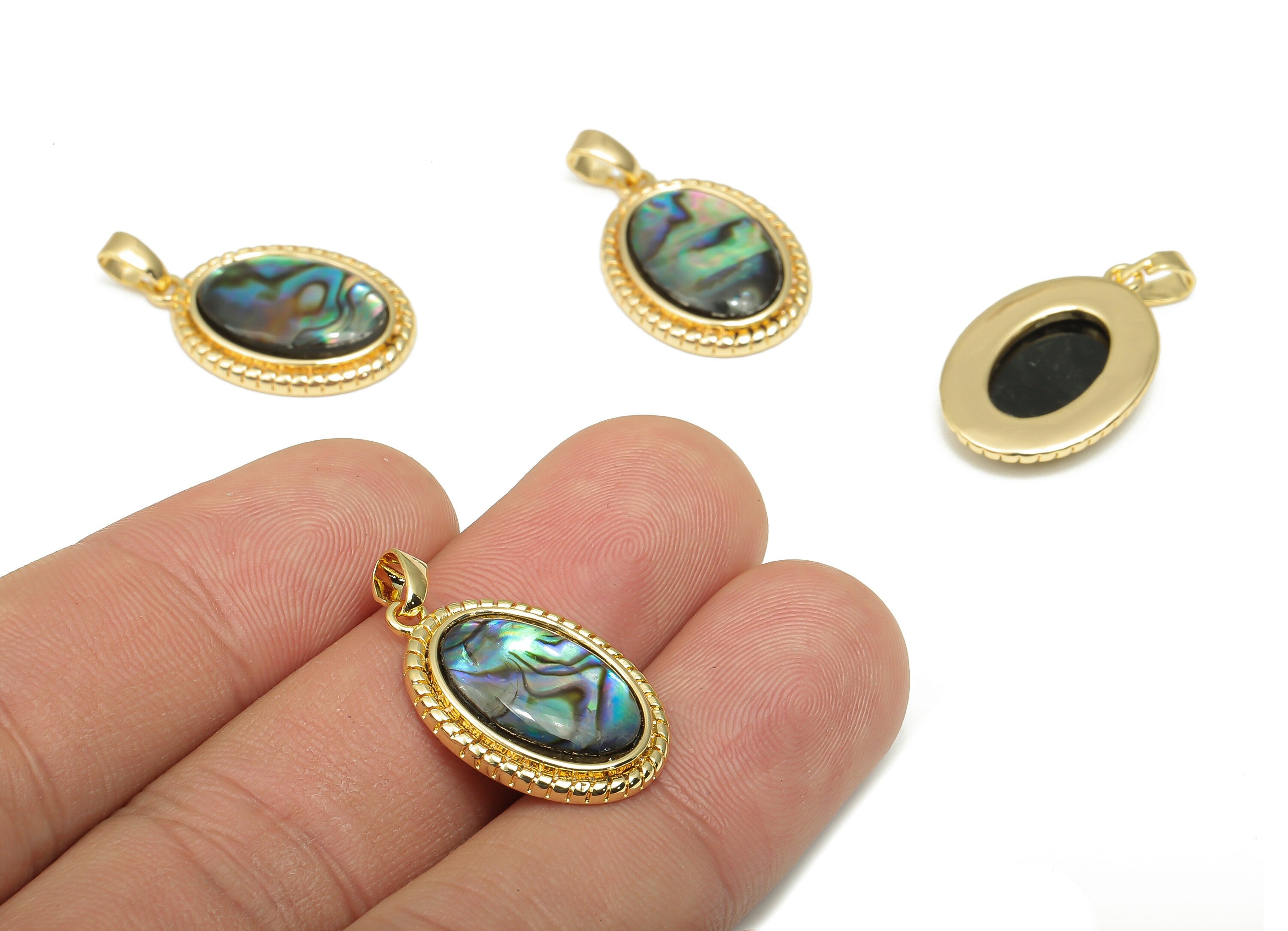 Brass Oval Pendants - Synthetic Abalone Shell Pendant - 18K Real Gold Plated Brass - For Necklace - 26.67x15x3.22mm - RGP4610 - DOMEDBAZAAR