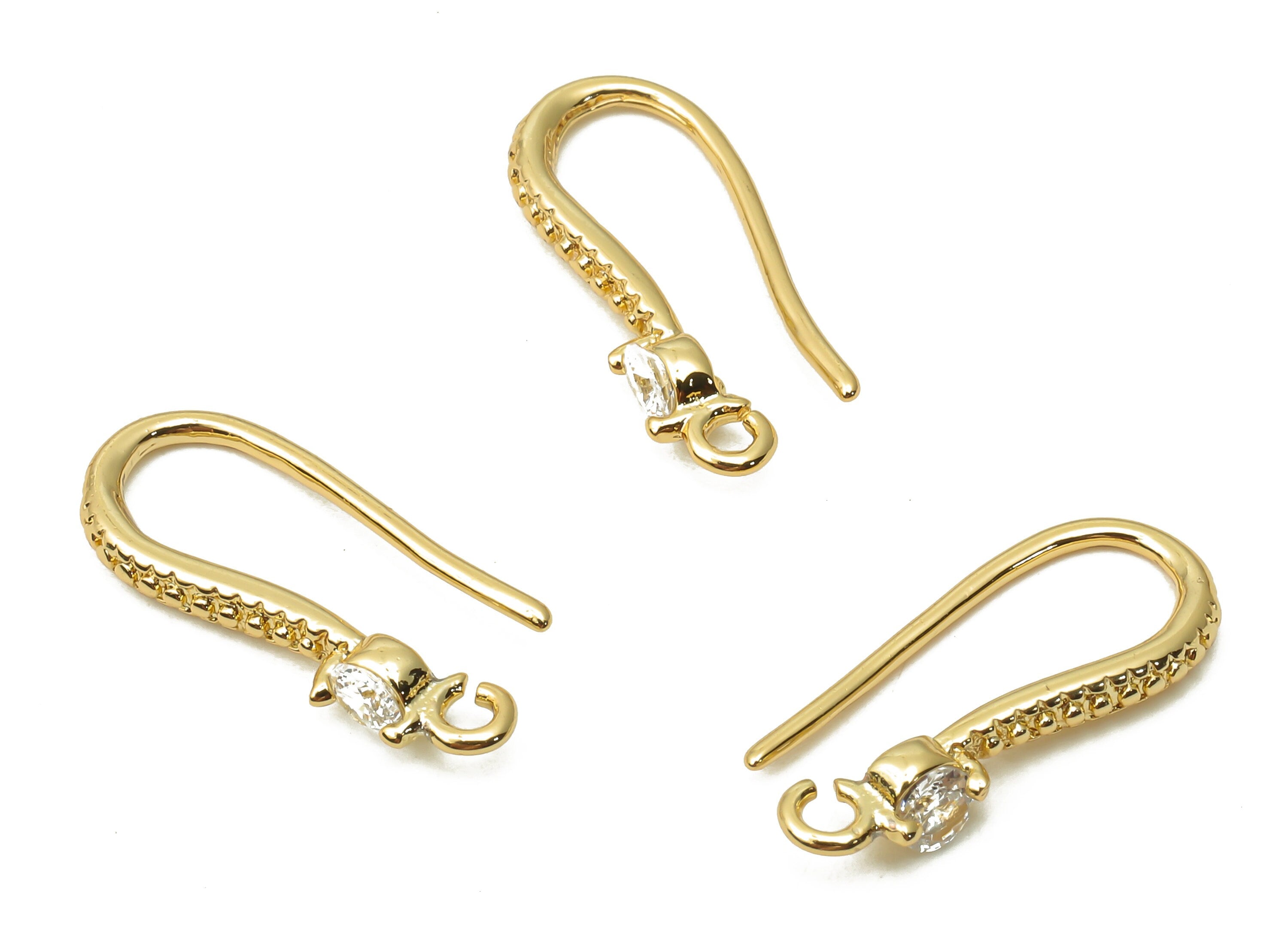 Brass Textured Earrings Wires - Brass Long Bean Earrings Hooks With Zircon - 18K Real Gold Plated - 18.52x7.8x2.3mm - RGP5024 - DOMEDBAZAAR