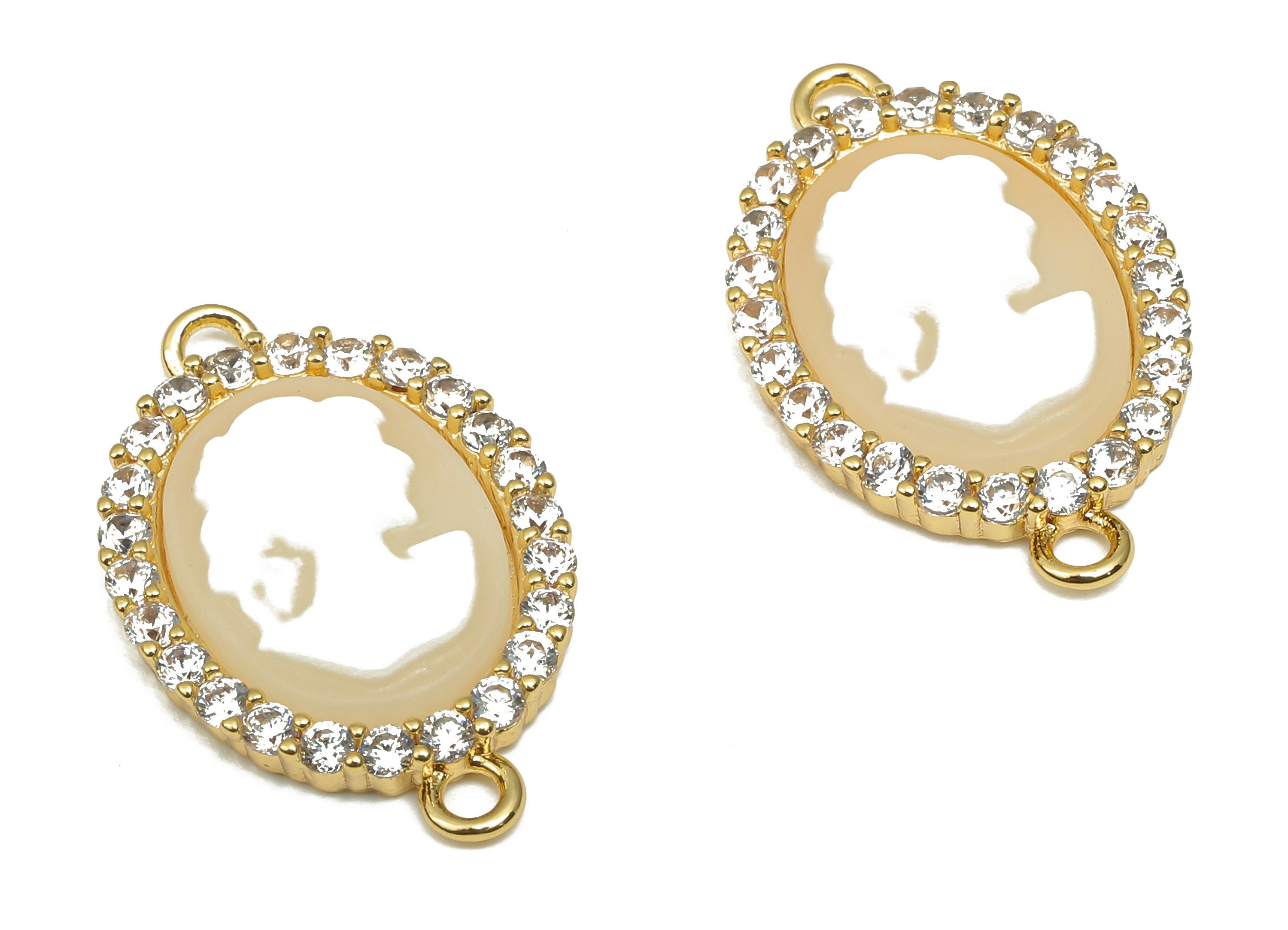 Brass Oval Resin Queen Connectors - CZ Paved Oval Lady Charm - 18K Real Gold Plated Brass Woman Charms - 22.2x13.96x3.55mm - RGP4617 - DOMEDBAZAAR