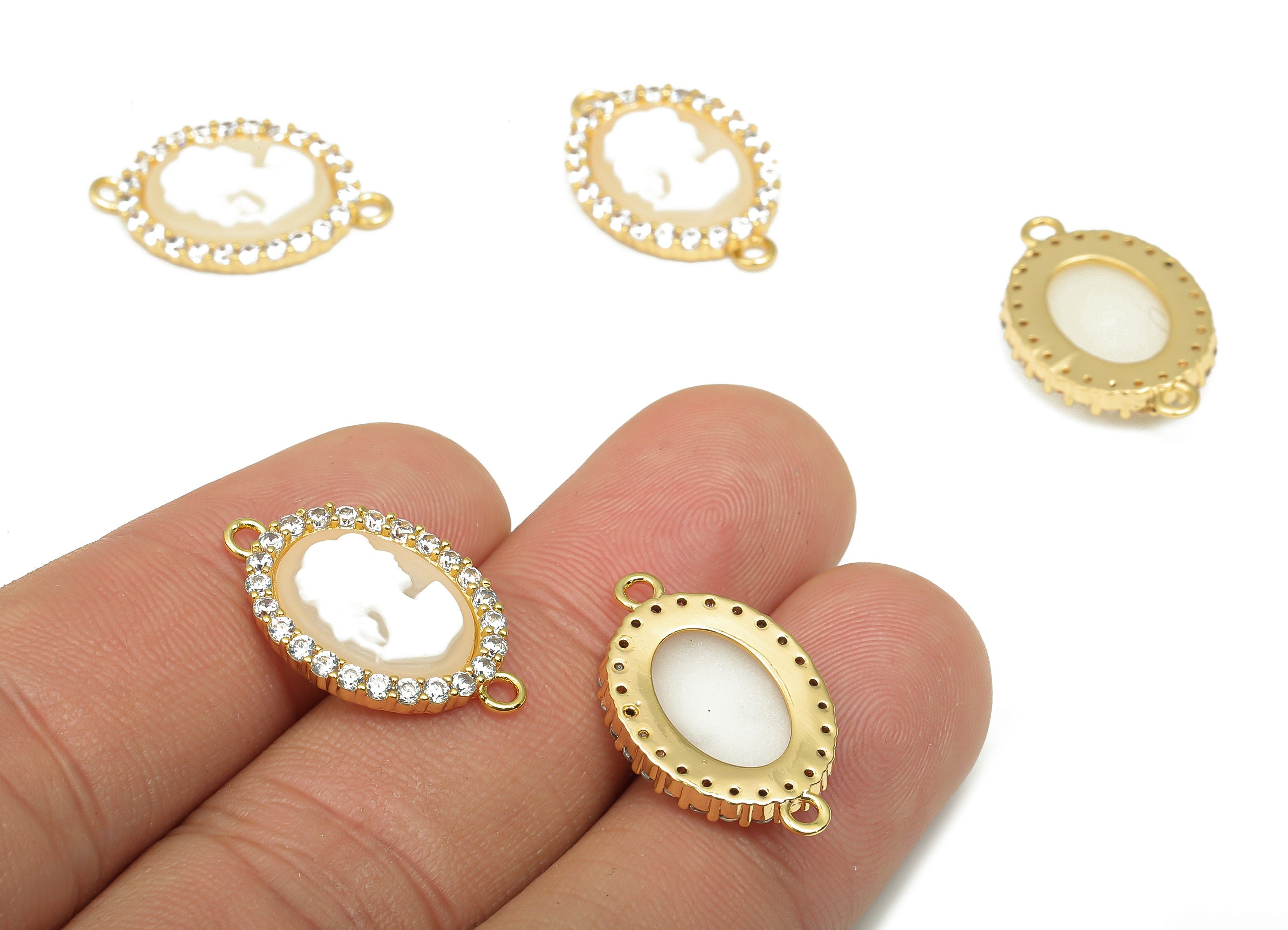 Brass Oval Resin Queen Connectors - CZ Paved Oval Lady Charm - 18K Real Gold Plated Brass Woman Charms - 22.2x13.96x3.55mm - RGP4617 - DOMEDBAZAAR