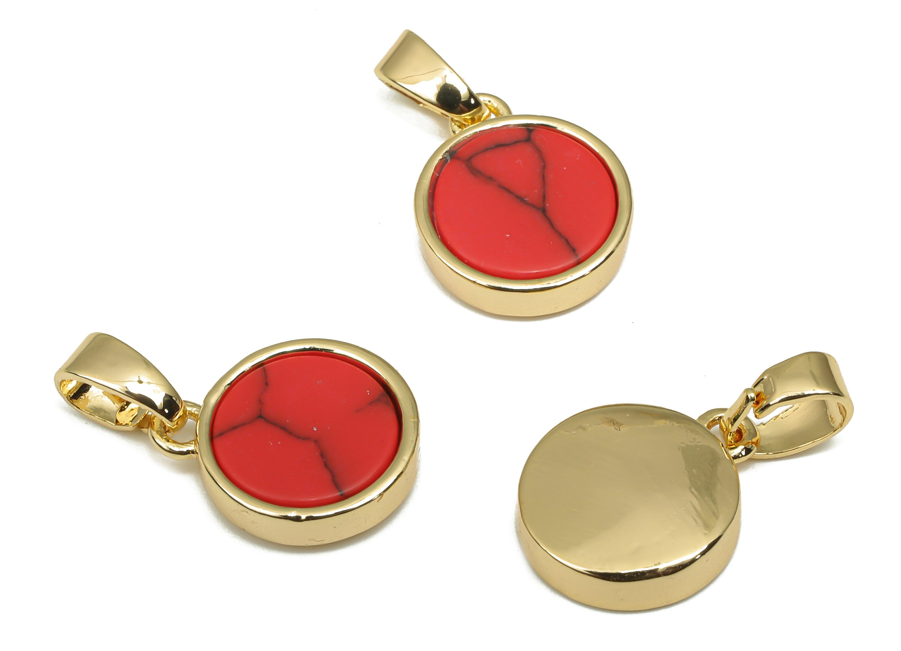 Brass Round Red Stone Pendants - Synthetic Stone Pendant - 18K Real Gold Plated Brass - For Necklace - 16.27x9.75x2.65mm - RGP4619A - DOMEDBAZAAR