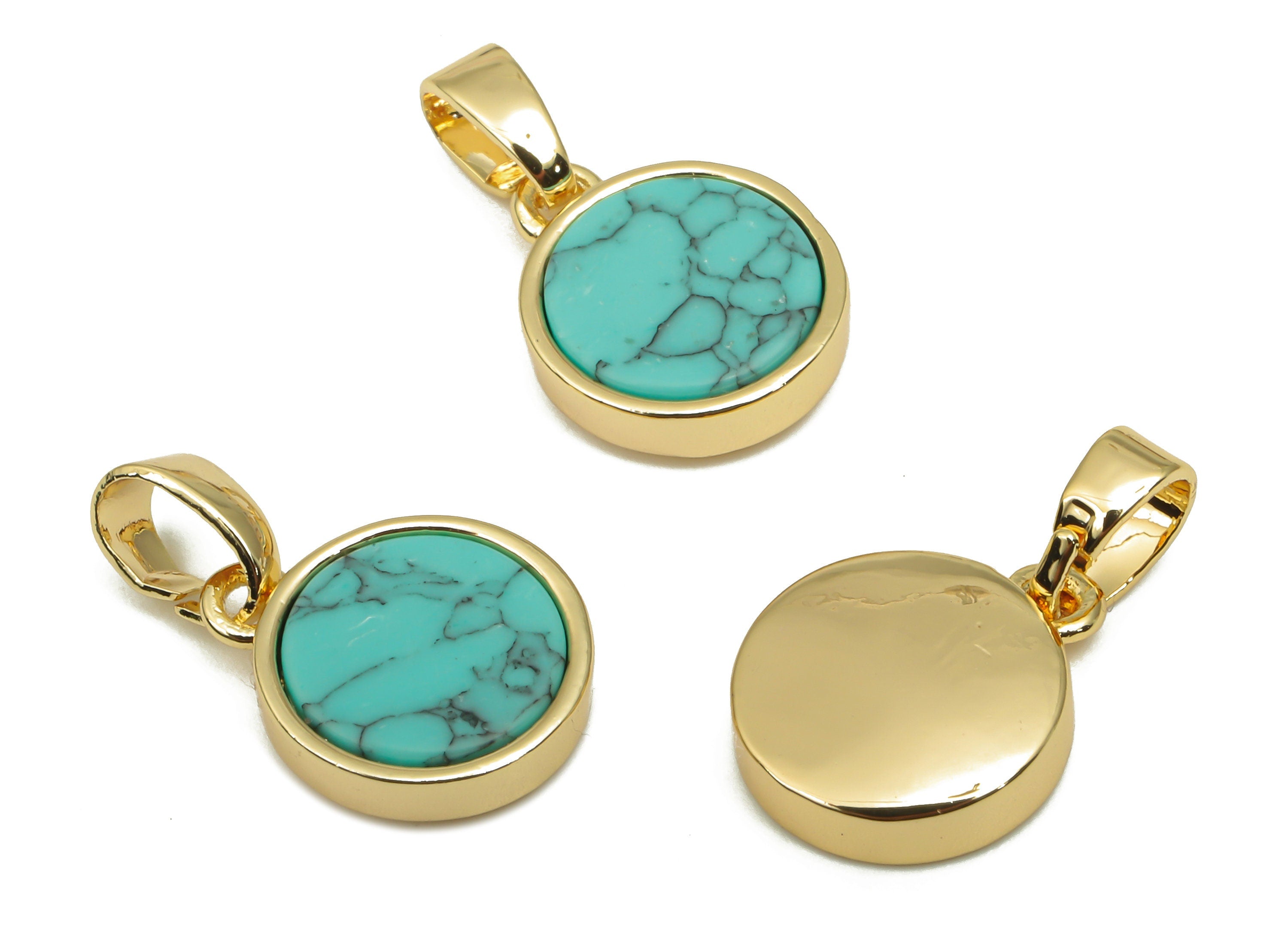 Brass Round Blue Stone Pendants - Synthetic Stone Pendant - 18K Real Gold Plated Brass - For Necklace - 16.27x9.75x2.65mm - RGP4619B - DOMEDBAZAAR