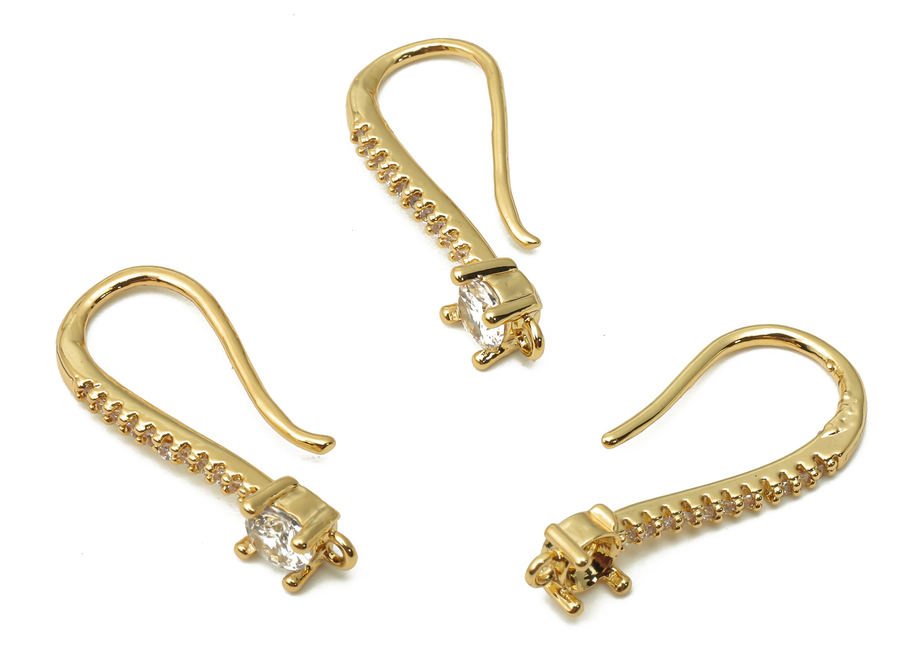 Brass Earrings Wires - Brass Long Bean Earrings Hooks With Zircon - Solitaire Earrings - 18K Real Gold Plated - 22.82x10.44x1.55mm - RGP5030 - DOMEDBAZAAR