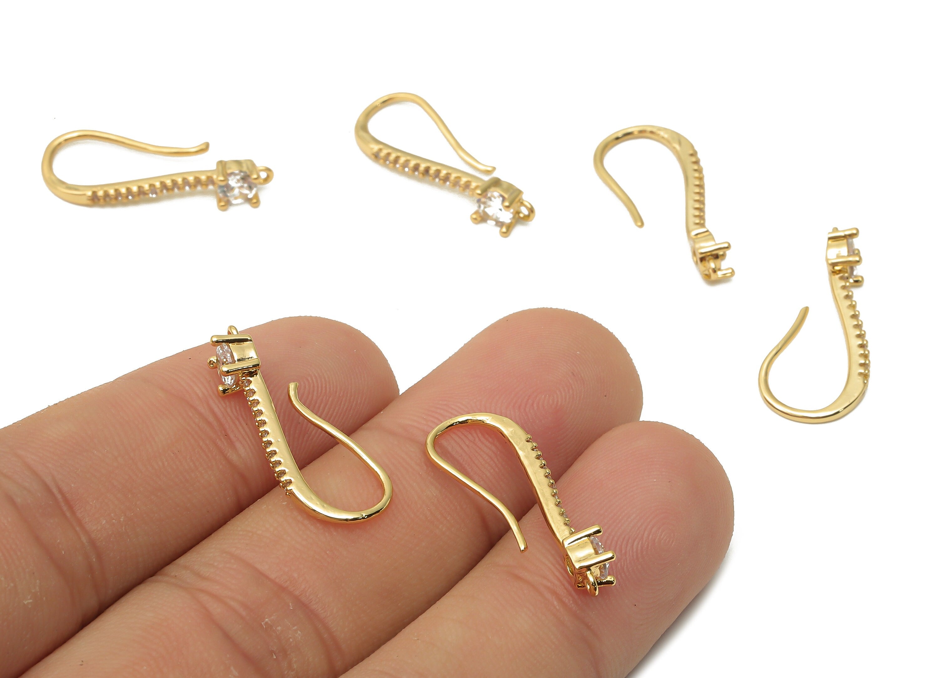 Brass Earrings Wires - Brass Long Bean Earrings Hooks With Zircon - Solitaire Earrings - 18K Real Gold Plated - 22.82x10.44x1.55mm - RGP5030 - DOMEDBAZAAR