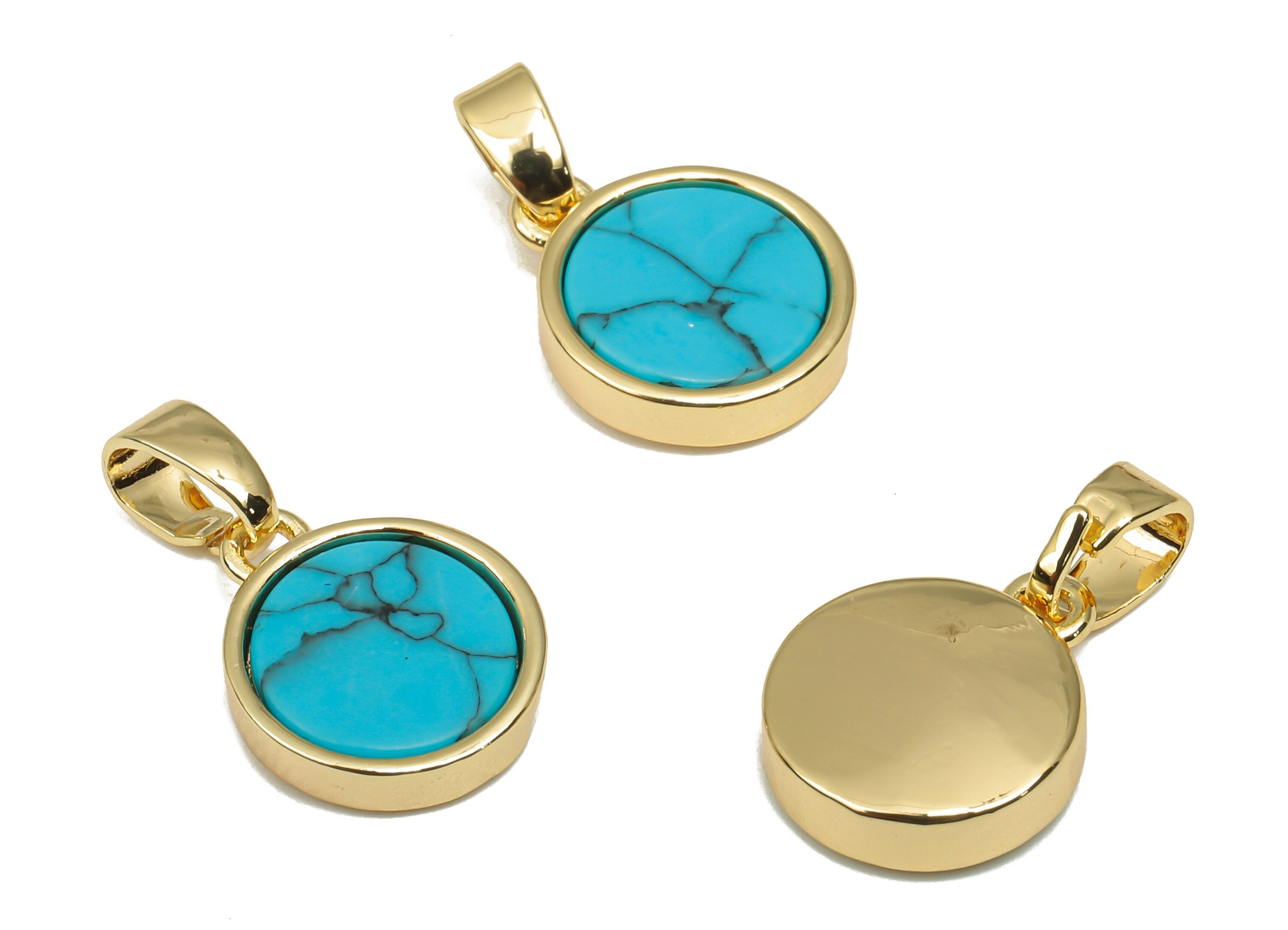 Brass Round Blue Stone Pendants - Synthetic Stone Pendant - 18K Real Gold Plated Brass - For Necklace - 16.27x9.75x2.65mm - RGP4619C - DOMEDBAZAAR