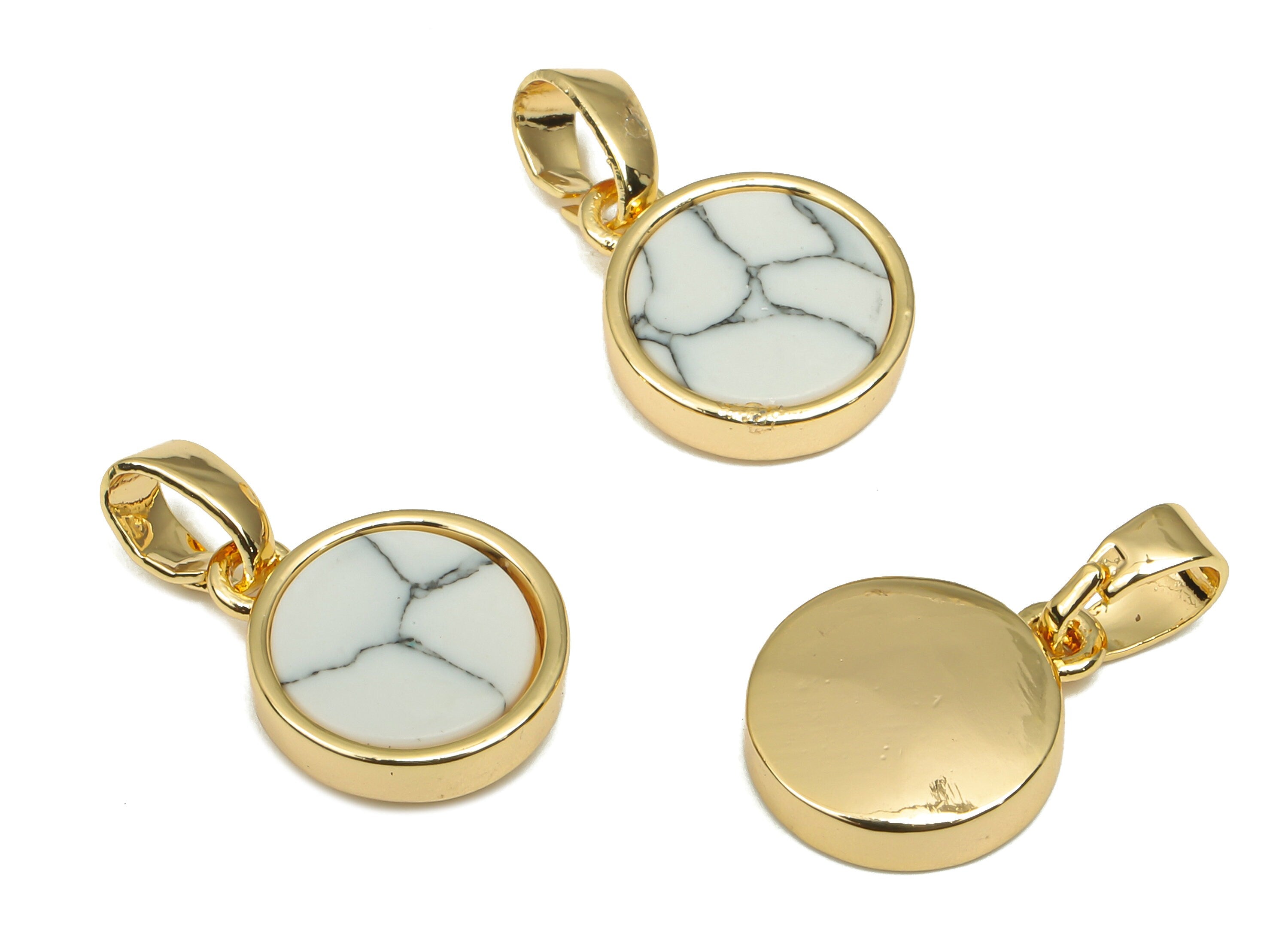 Brass Round White Stone Pendants - Synthetic Stone Pendant - 18K Real Gold Plated Brass - For Necklace - 16.27x9.75x2.65mm - RGP4619D - DOMEDBAZAAR