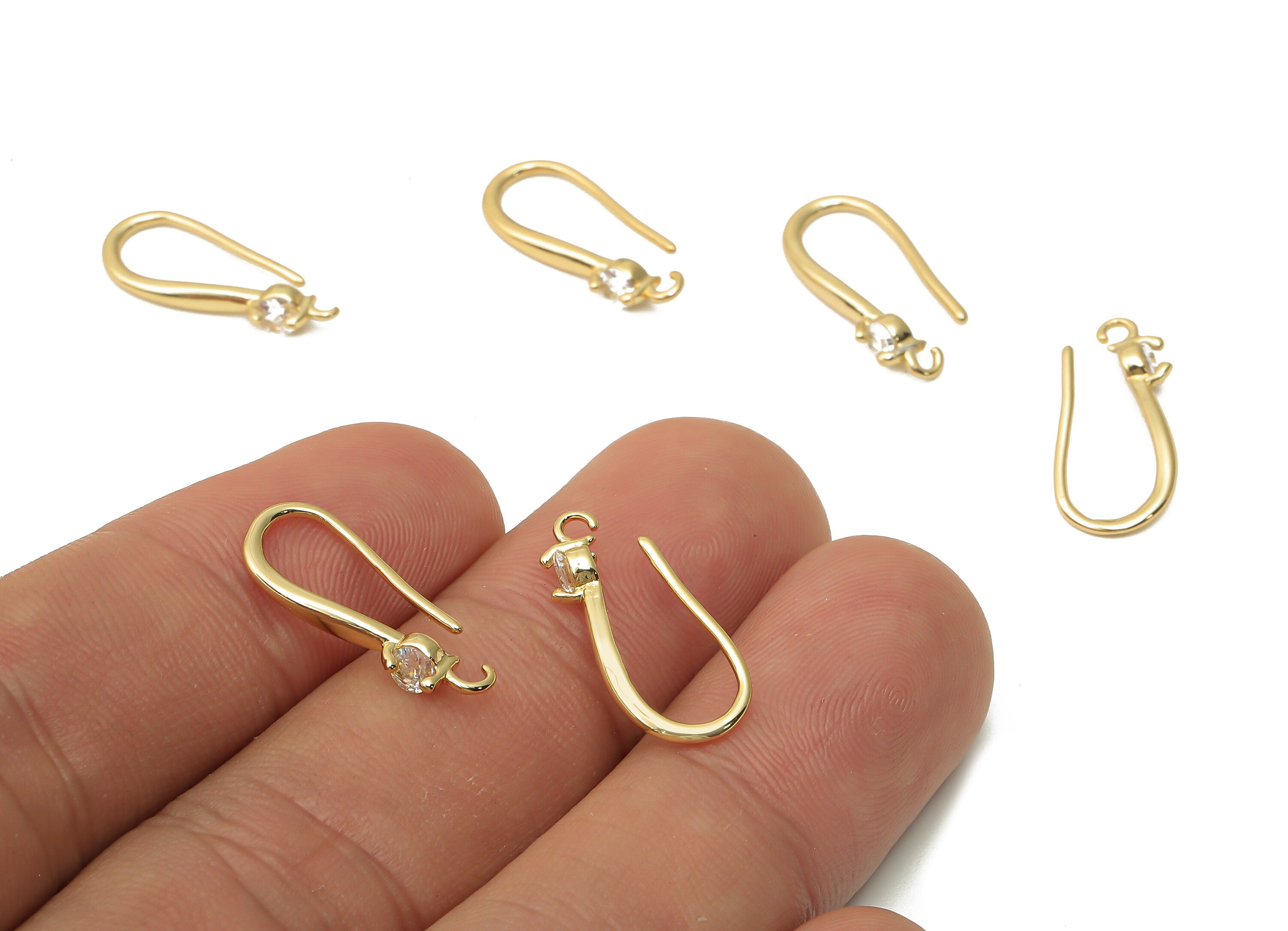 Brass Earrings Wire With Zircon - Brass Earrings Hook - Brass Solitaire Earring Finding - 18K Real Gold Plated - 18.47x8.12x1.89mm - RGP5033 - DOMEDBAZAAR