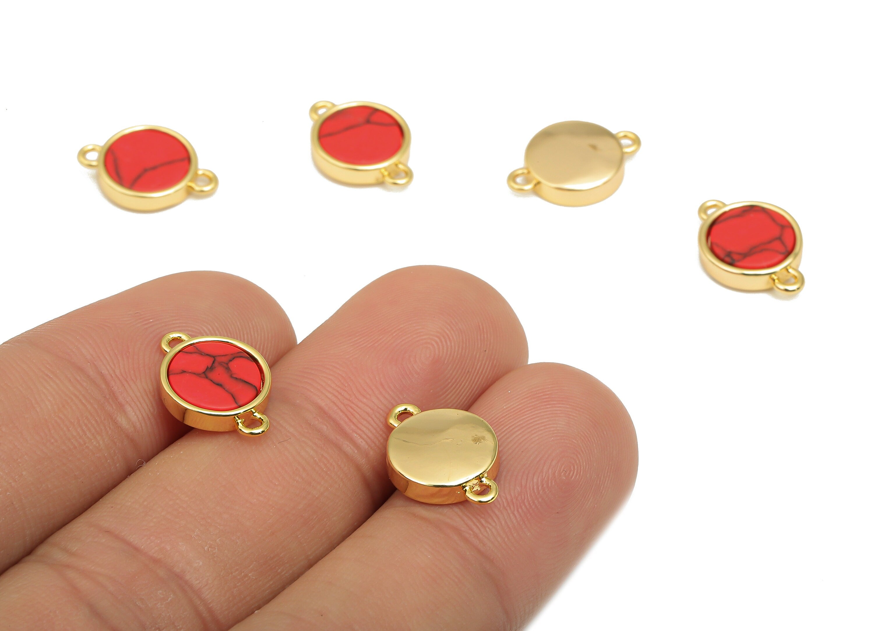 Brass Round Red Stone Connectors - Synthetic Red Stone Circle Connector - 18K Real Gold Plated Brass - 14.48x9.93x2.83mm - RGP4624C - DOMEDBAZAAR