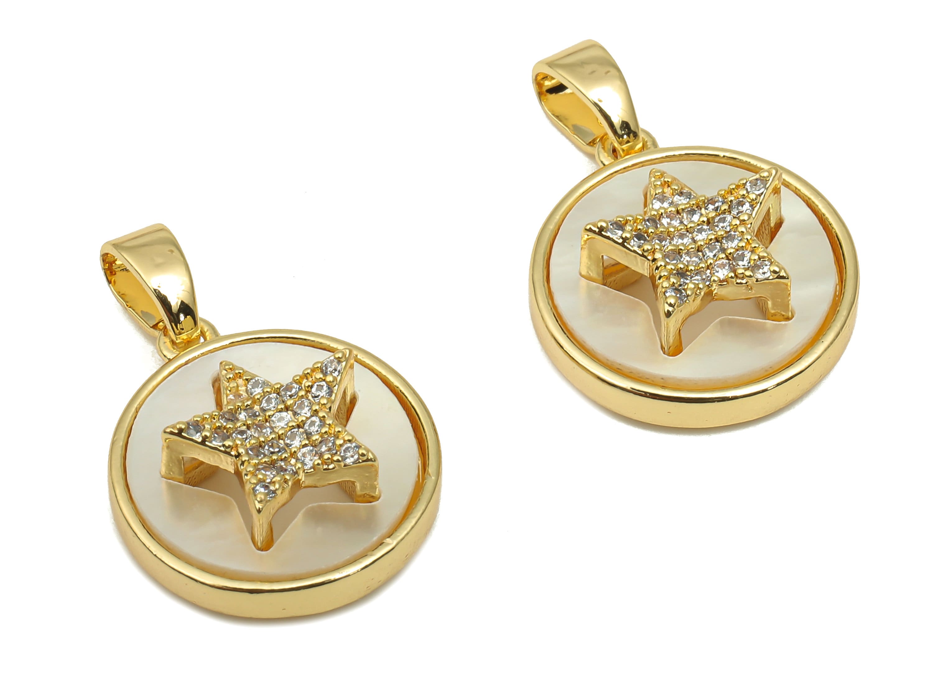 Brass MOP Shell Round Pendant - CZ Paved Star Zircon Charm - 18K Real Gold Plating - Mother of Pearl For Necklace - 19.6x13.5x5.3mm -RGP4628 - DOMEDBAZAAR
