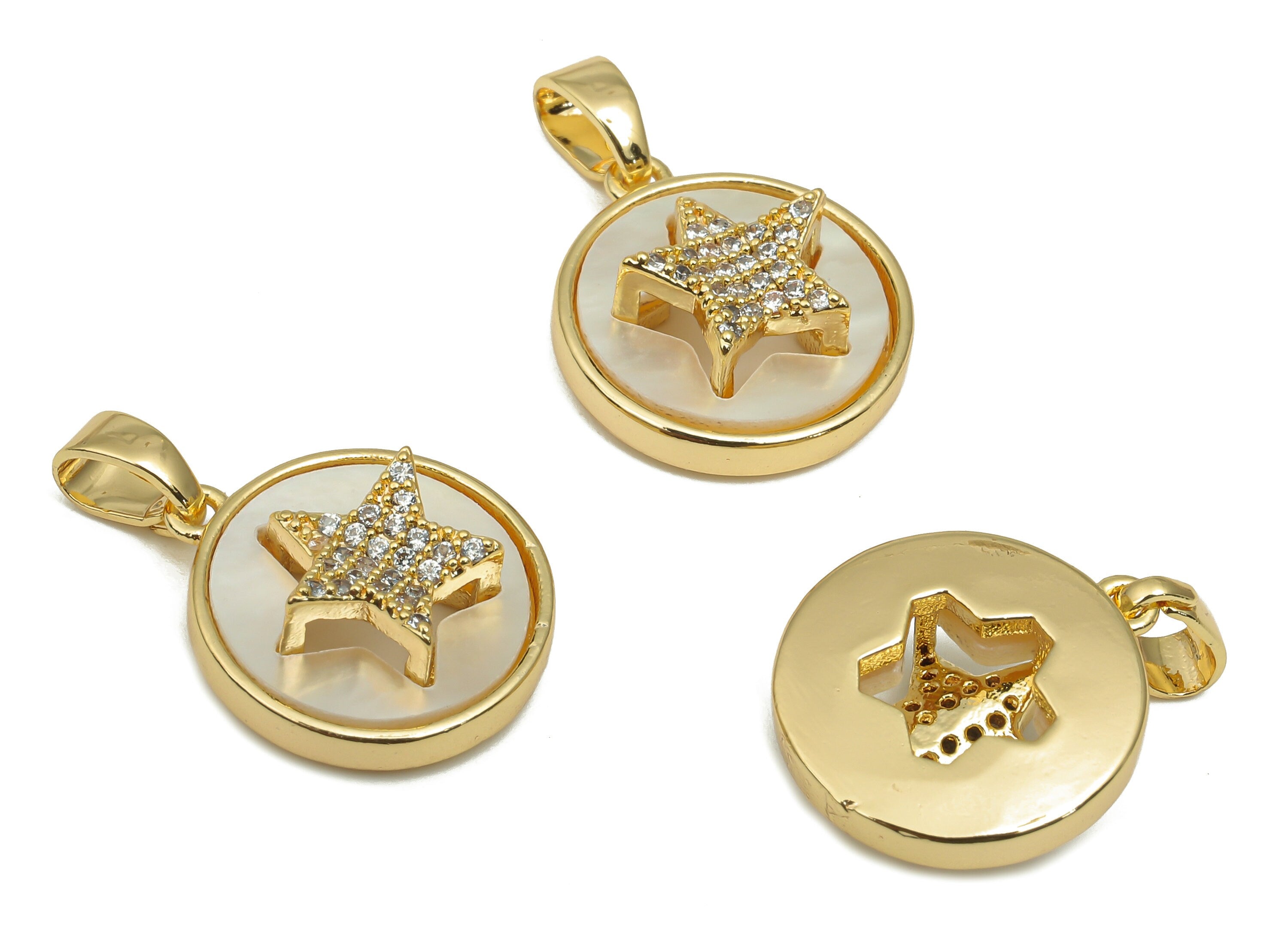 Brass MOP Shell Round Pendant - CZ Paved Star Zircon Charm - 18K Real Gold Plating - Mother of Pearl For Necklace - 19.6x13.5x5.3mm -RGP4628 - DOMEDBAZAAR
