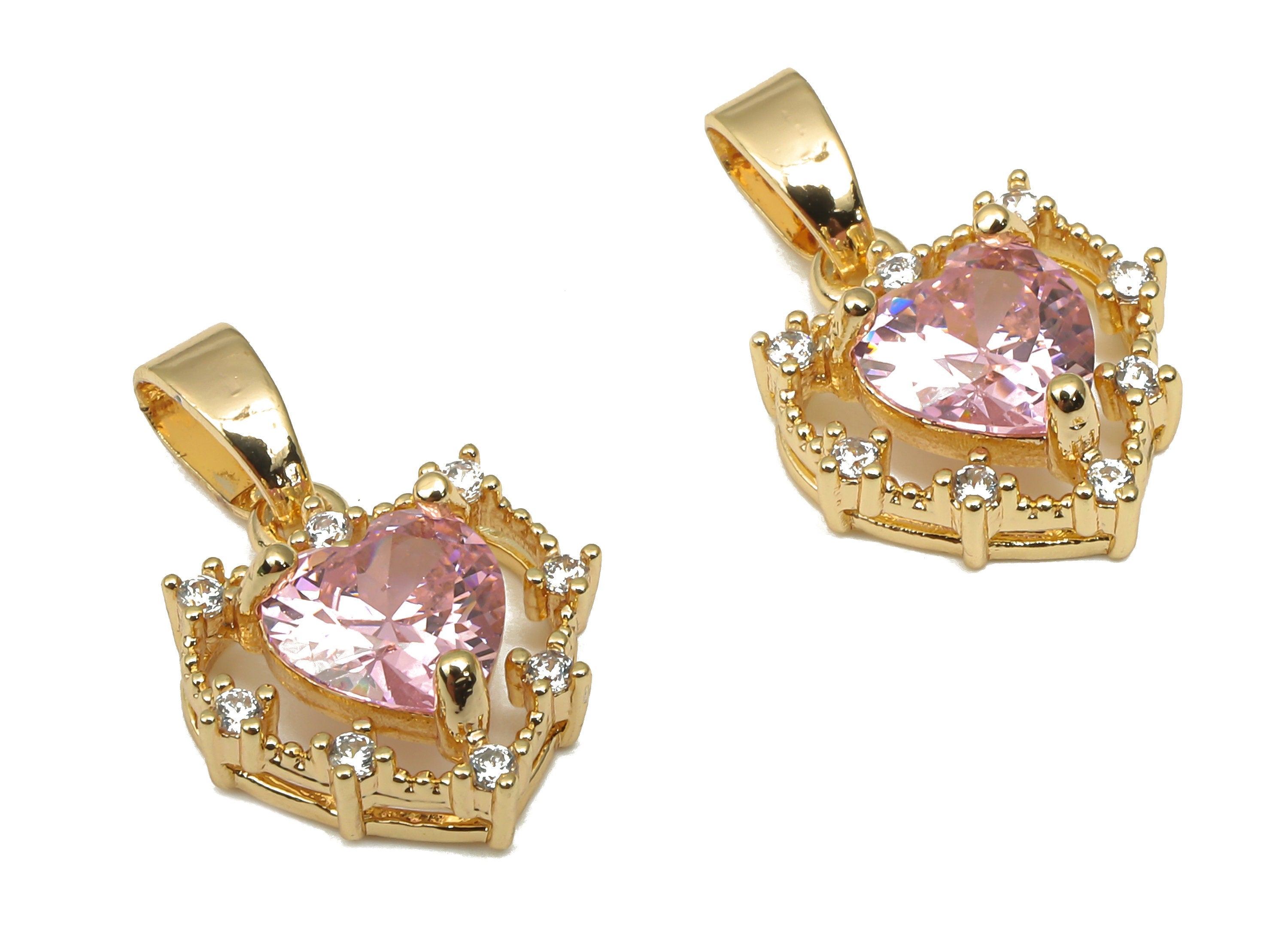 Brass Heart Pendants - CZ Paved Pink Heart Zircon Pendant - 18K Real Gold Plated Brass - For Necklace - 16.44x11.13x3.97mm - RGP4633 - DOMEDBAZAAR