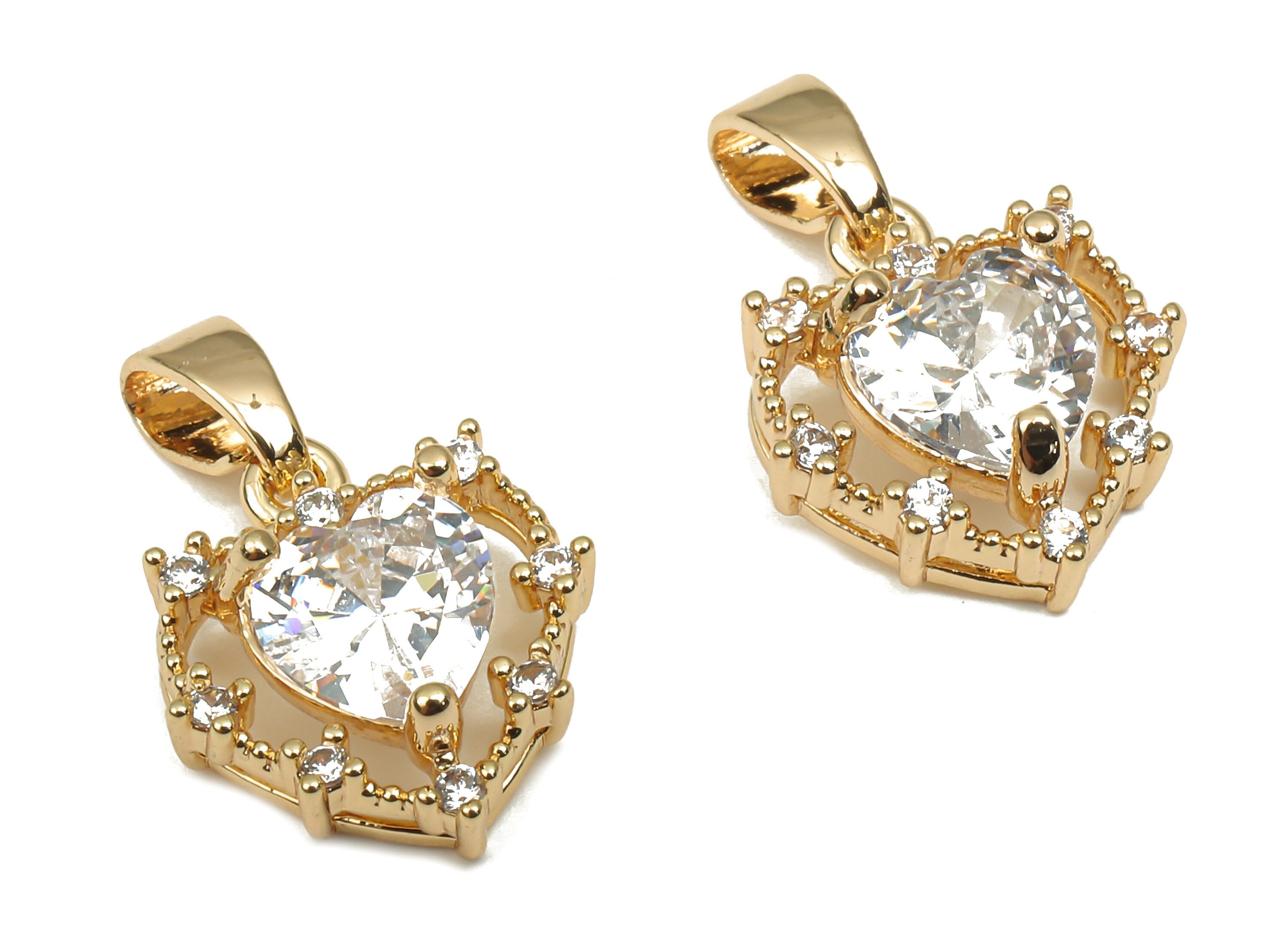 Brass Heart Pendants - CZ Paved Clear Heart Zircon Pendant - 18K Real Gold Plated Brass - For Necklace - 16.44x11.13x3.97mm - RGP4634 - DOMEDBAZAAR